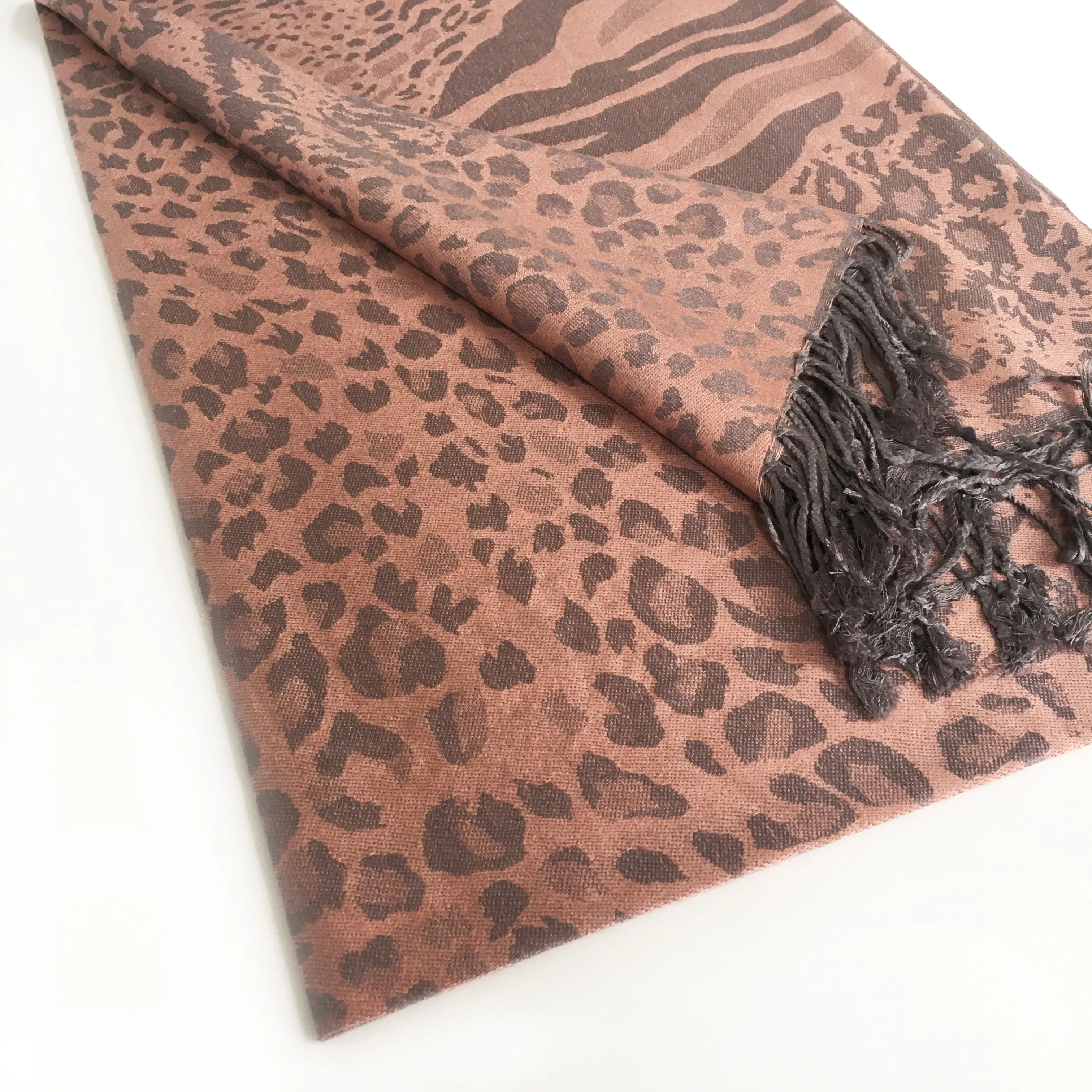 BLUSH PINK LARGE LEOPARD PRINT REVERSIBLE PASHMINA SHAWL SCARF