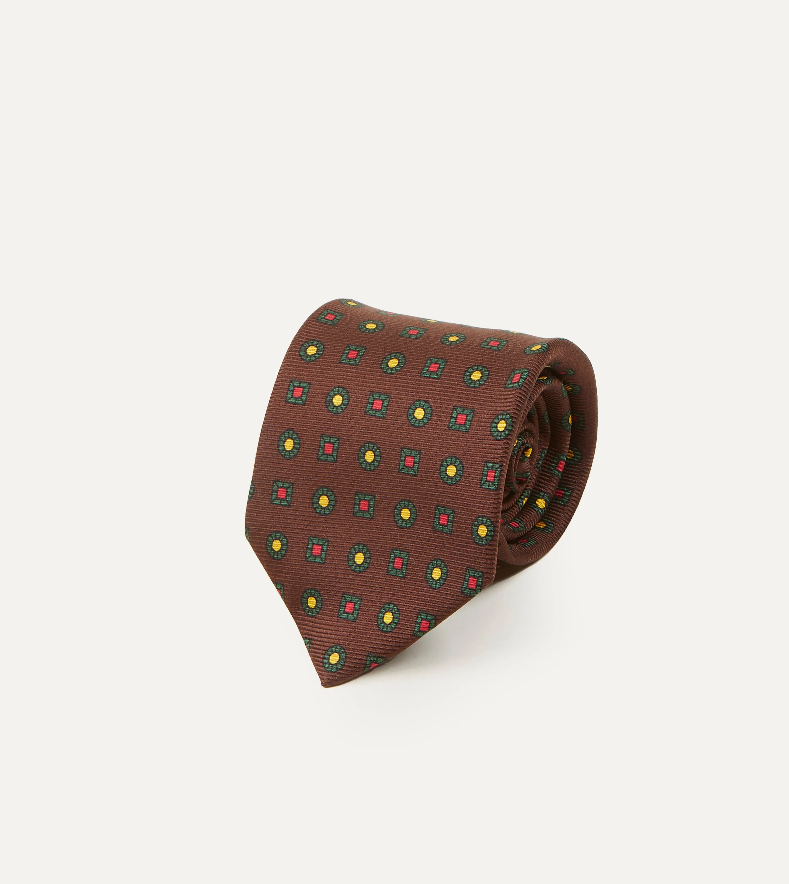 Brown and Green Geometric Medallion Print Madder Twill Silk Tie