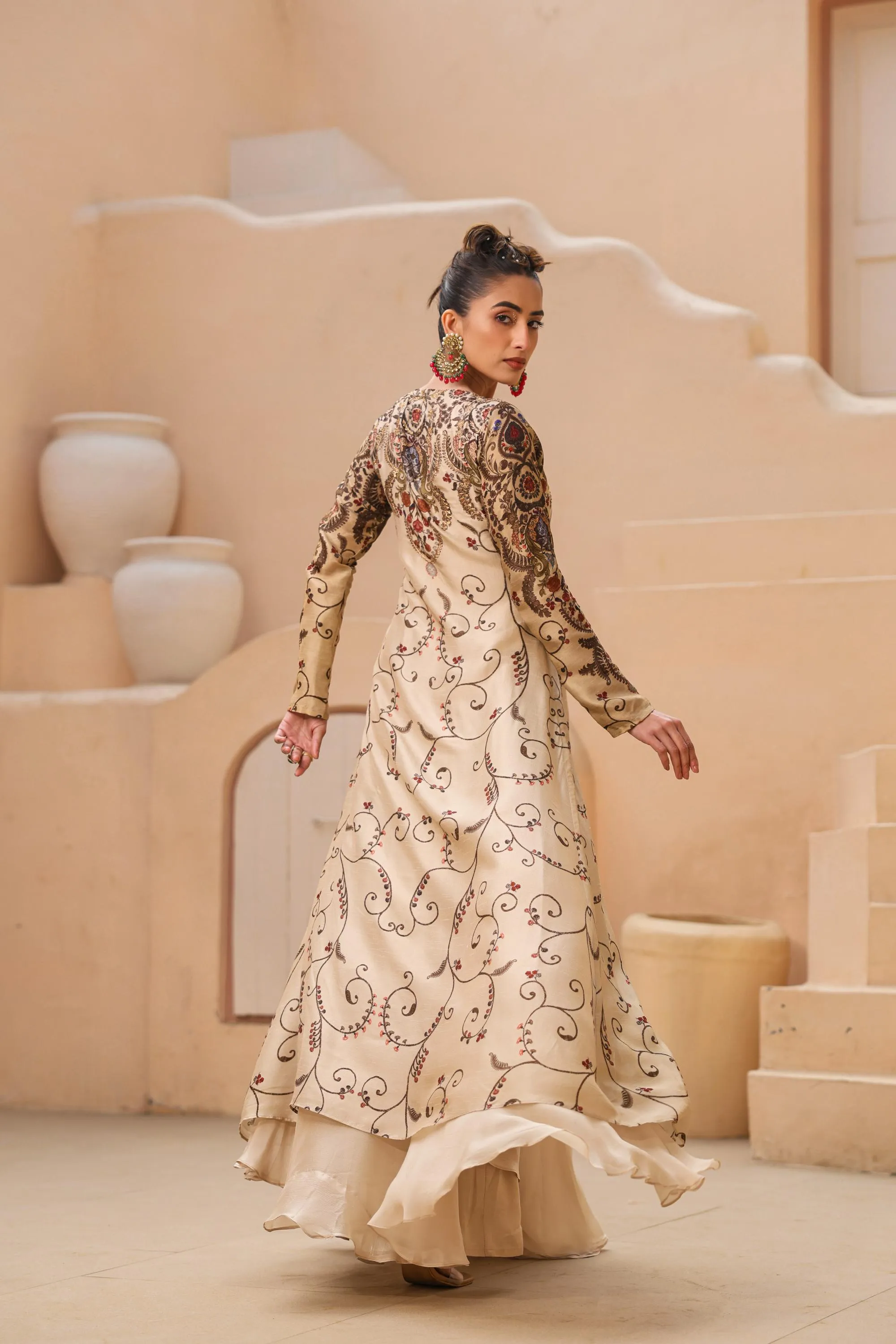 Champagne Traditional Printed Raw Silk Gown