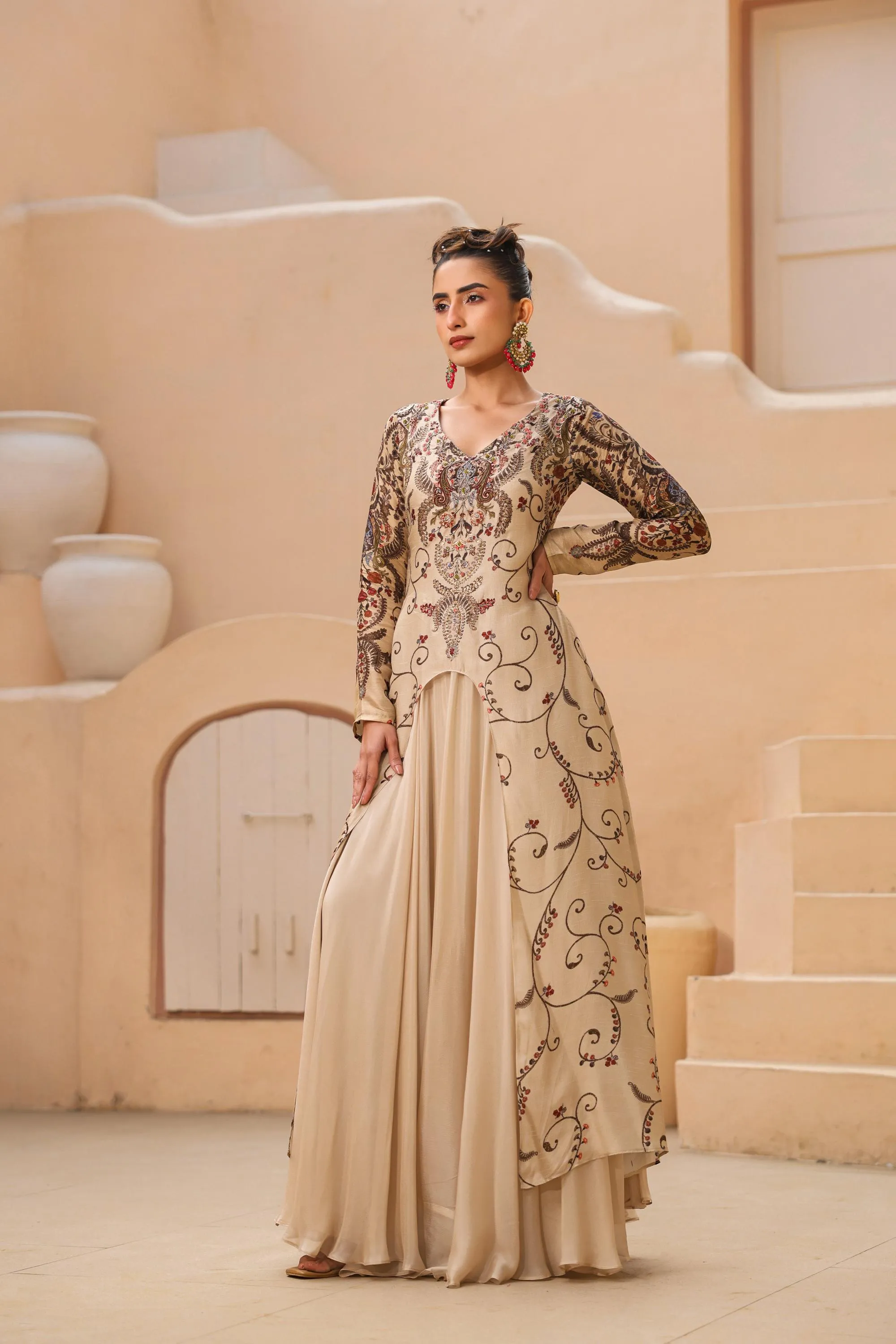 Champagne Traditional Printed Raw Silk Gown