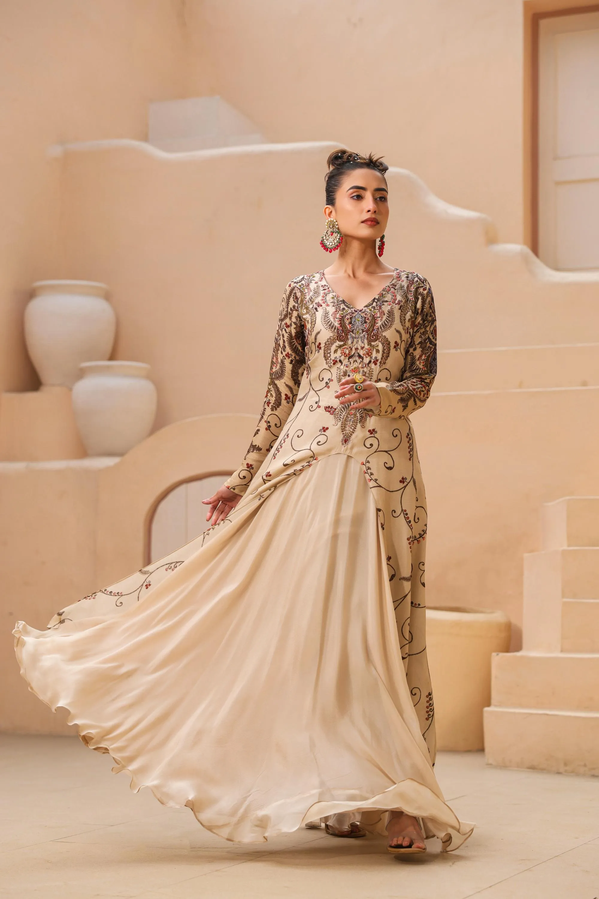 Champagne Traditional Printed Raw Silk Gown