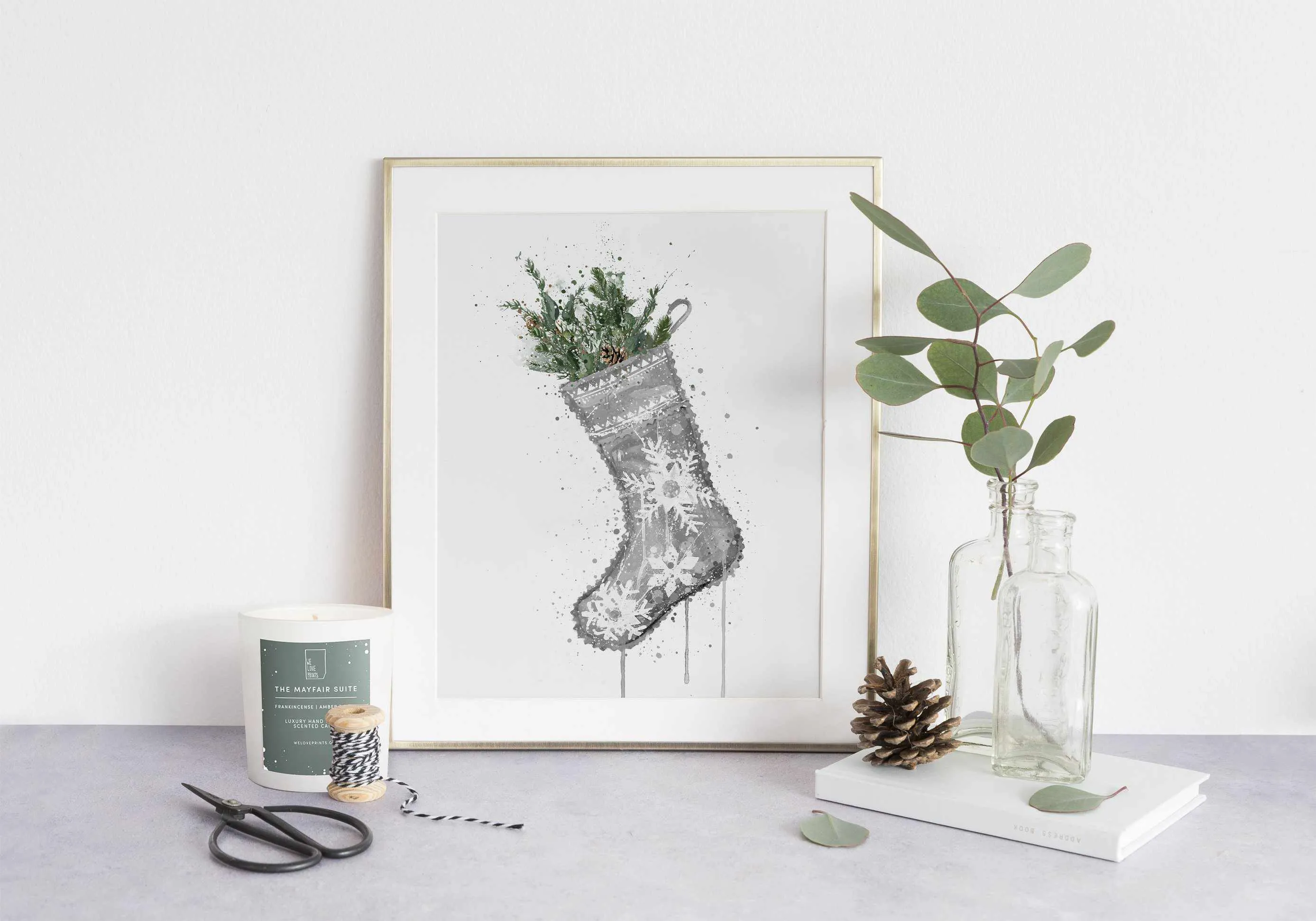 Christmas Stocking Wall Art Print , Contemporary and Stylish Christmas Decoration Alternative Xmas Decor