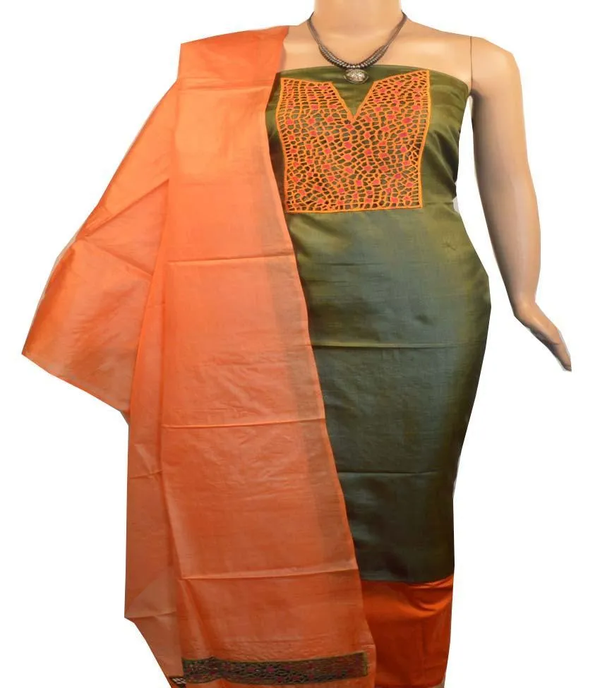 Churidar Material: Top in Tussar Silk, Dupatta in Tussar Silk and Bottom in Cotton Silk (Un-stitched) -190100154