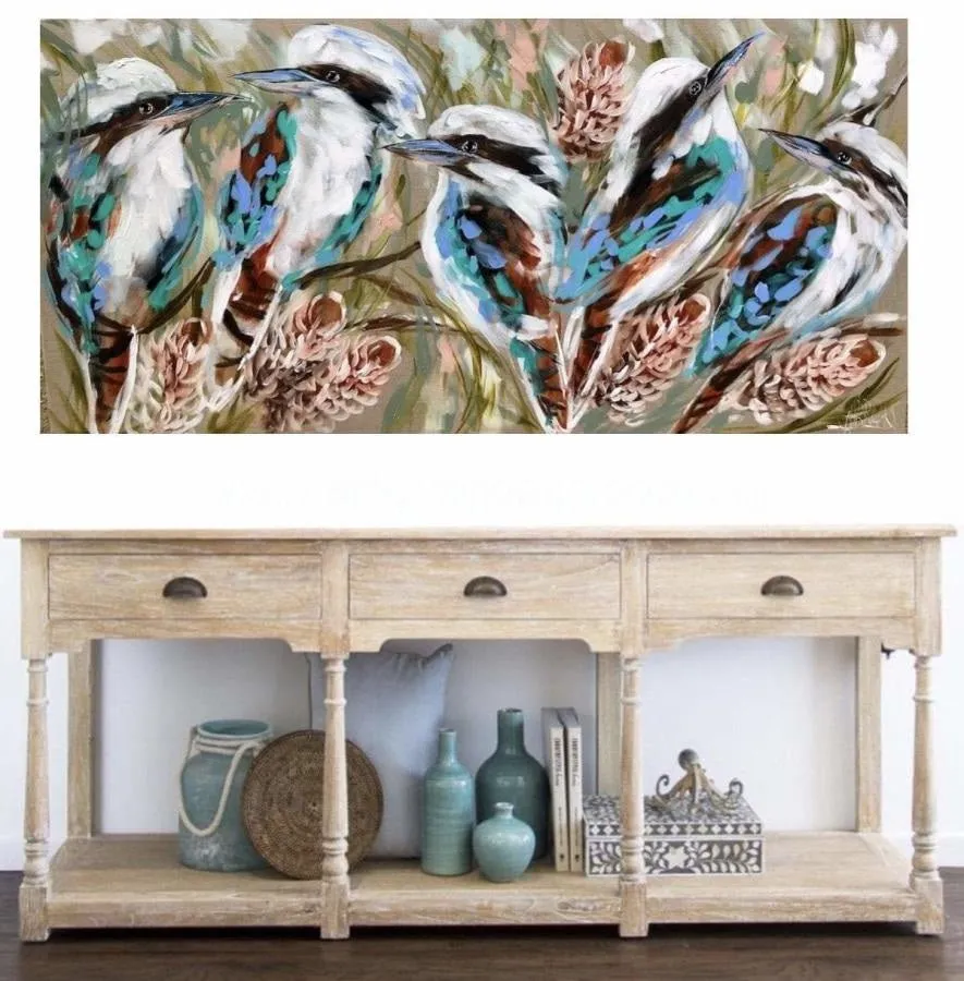 Coastal kookaburra and banksia - original on Belgian linen 75 x150 cm