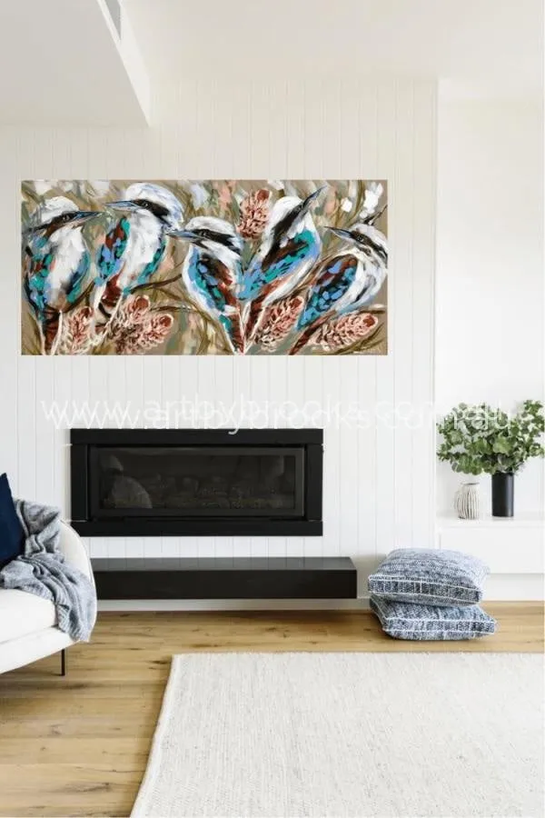 Coastal kookaburra and banksia - original on Belgian linen 75 x150 cm