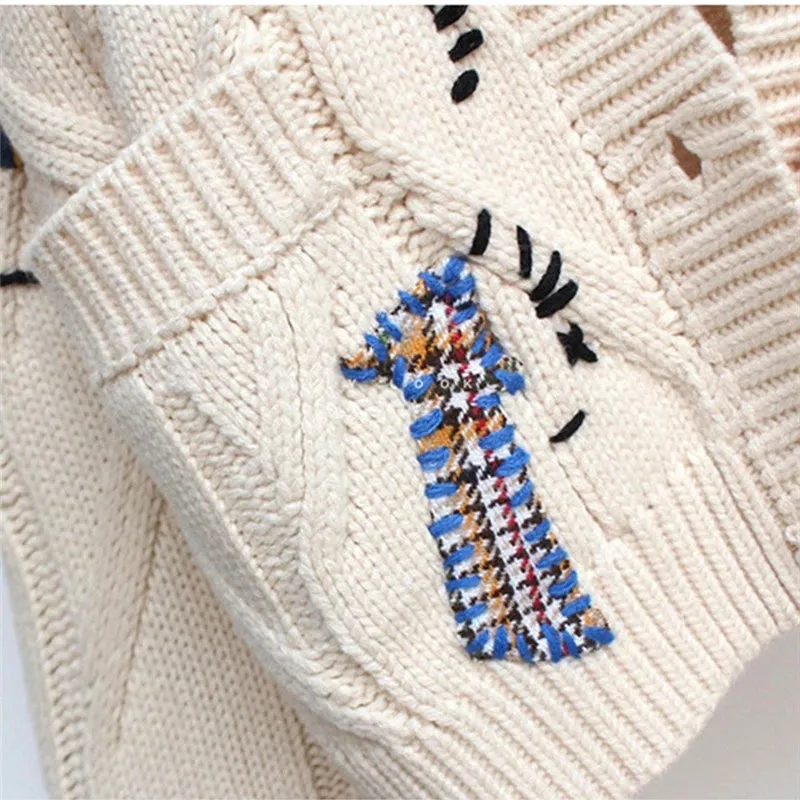 Cute Embroidered Patchwork Oversized College Braided Cardigan