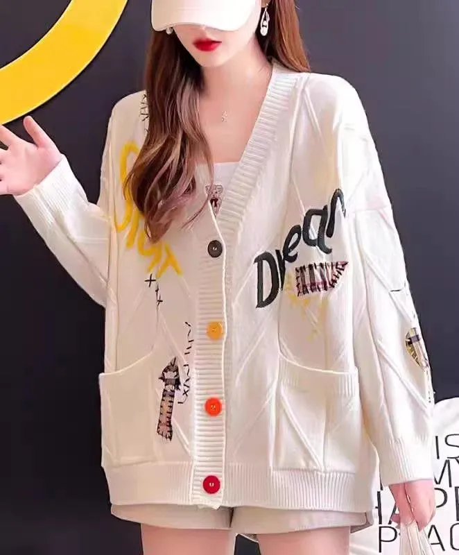 Cute Embroidered Patchwork Oversized College Braided Cardigan