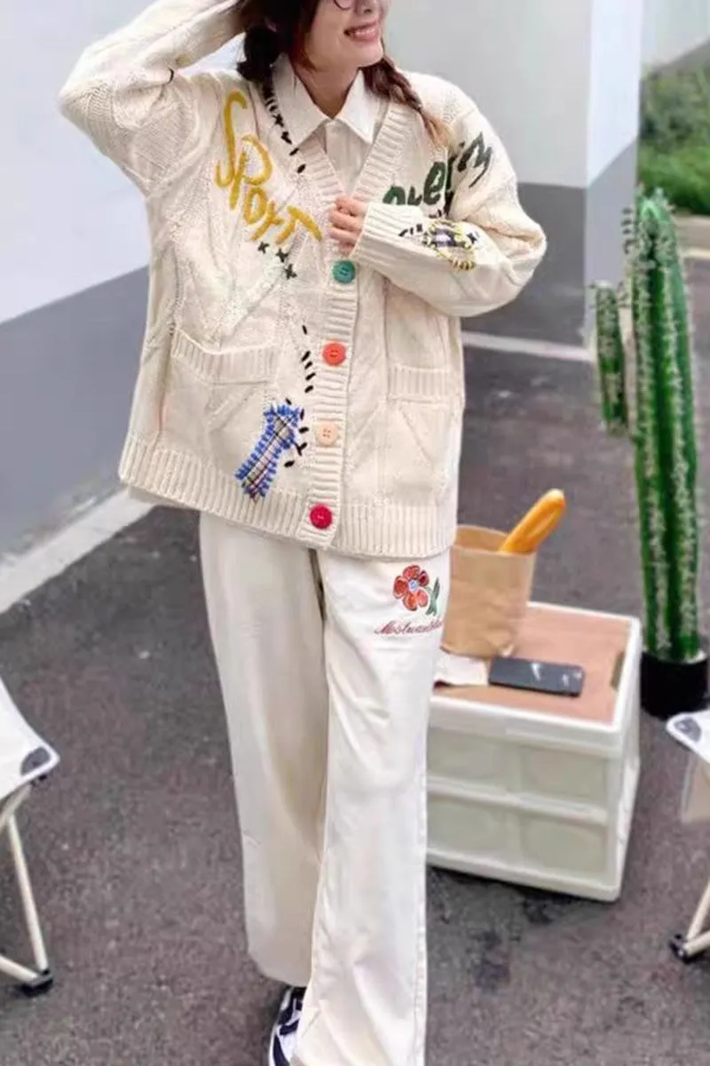 Cute Embroidered Patchwork Oversized College Braided Cardigan