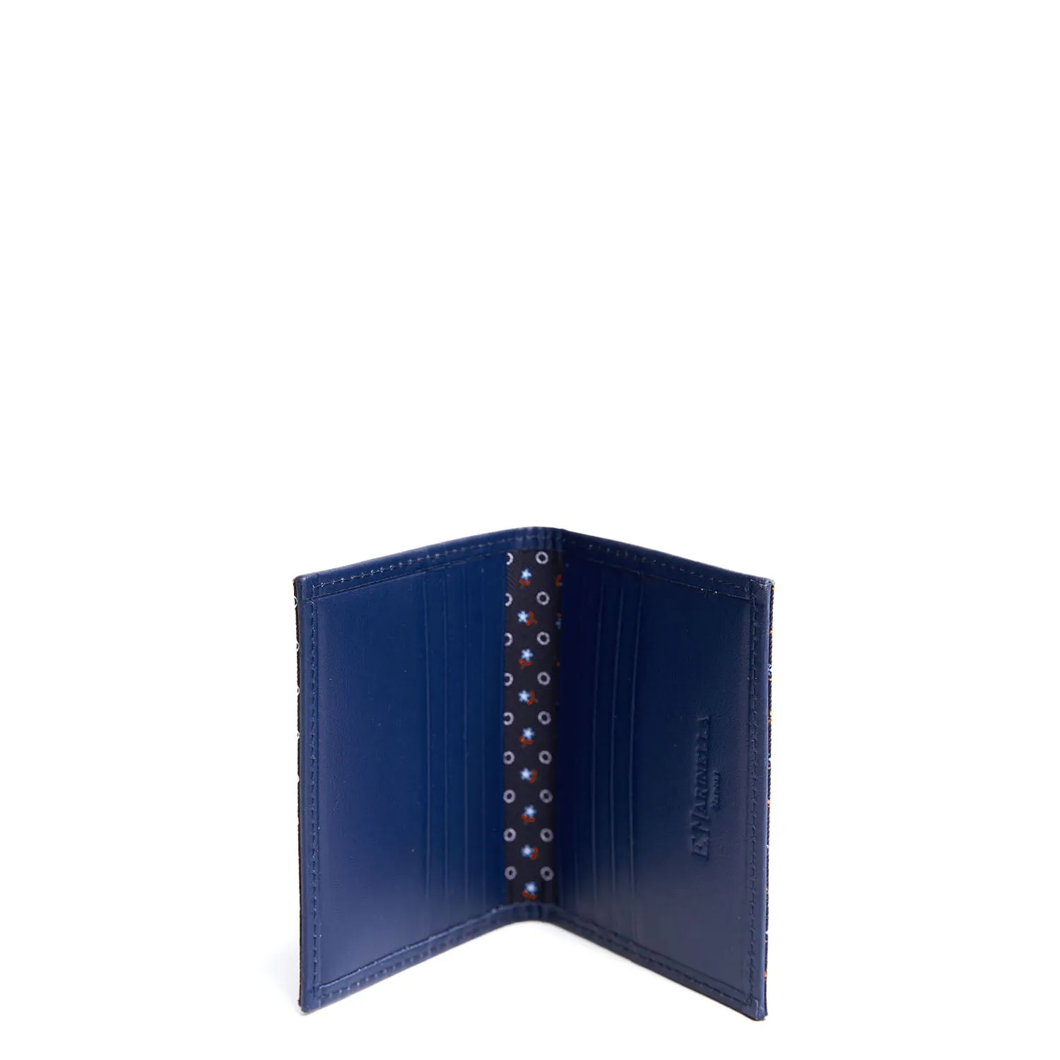 DARK BLUE SILK AND LEATHER FOLDING CARD HOLDER