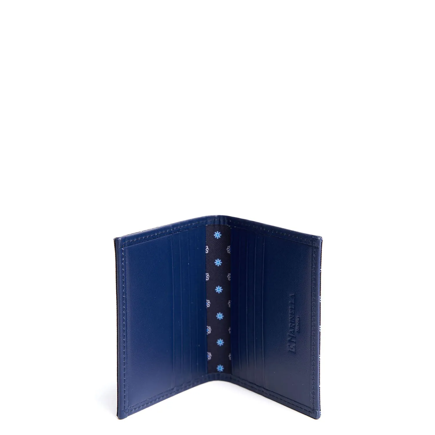 DARK BLUE SILK AND LEATHER FOLDING CARD HOLDER