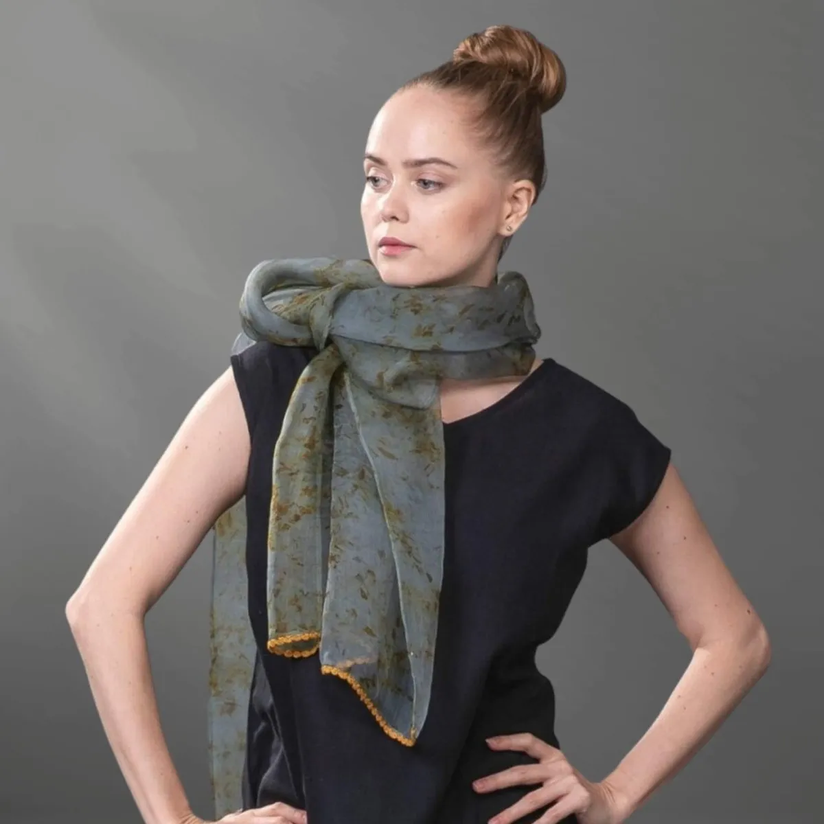 Dark Ocean Marigold Handmade Organza Silk Natural Dyed Long Scarf/ Stole