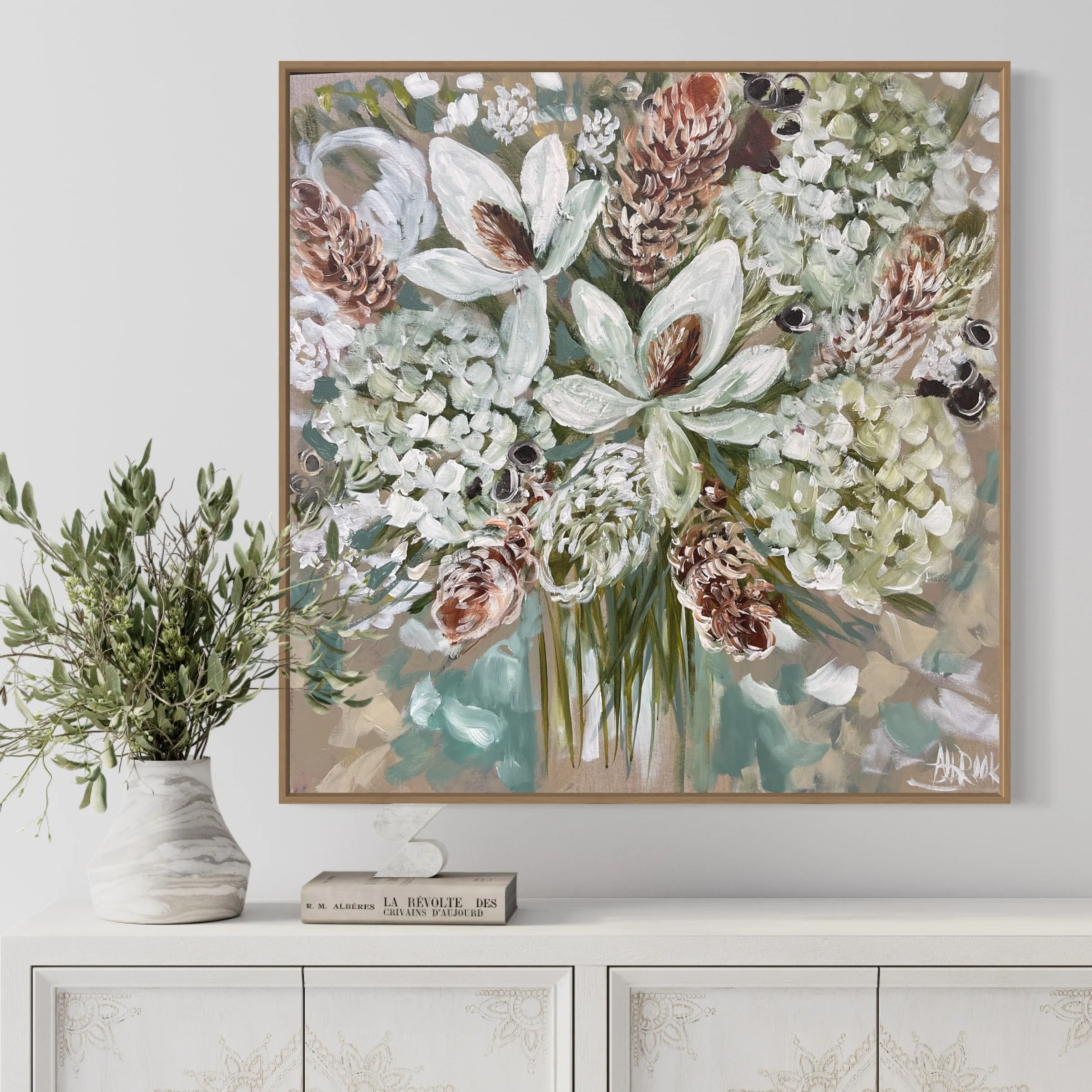 Delicate magnolia and bush blooms - 76x76cm -original on Belgian linen