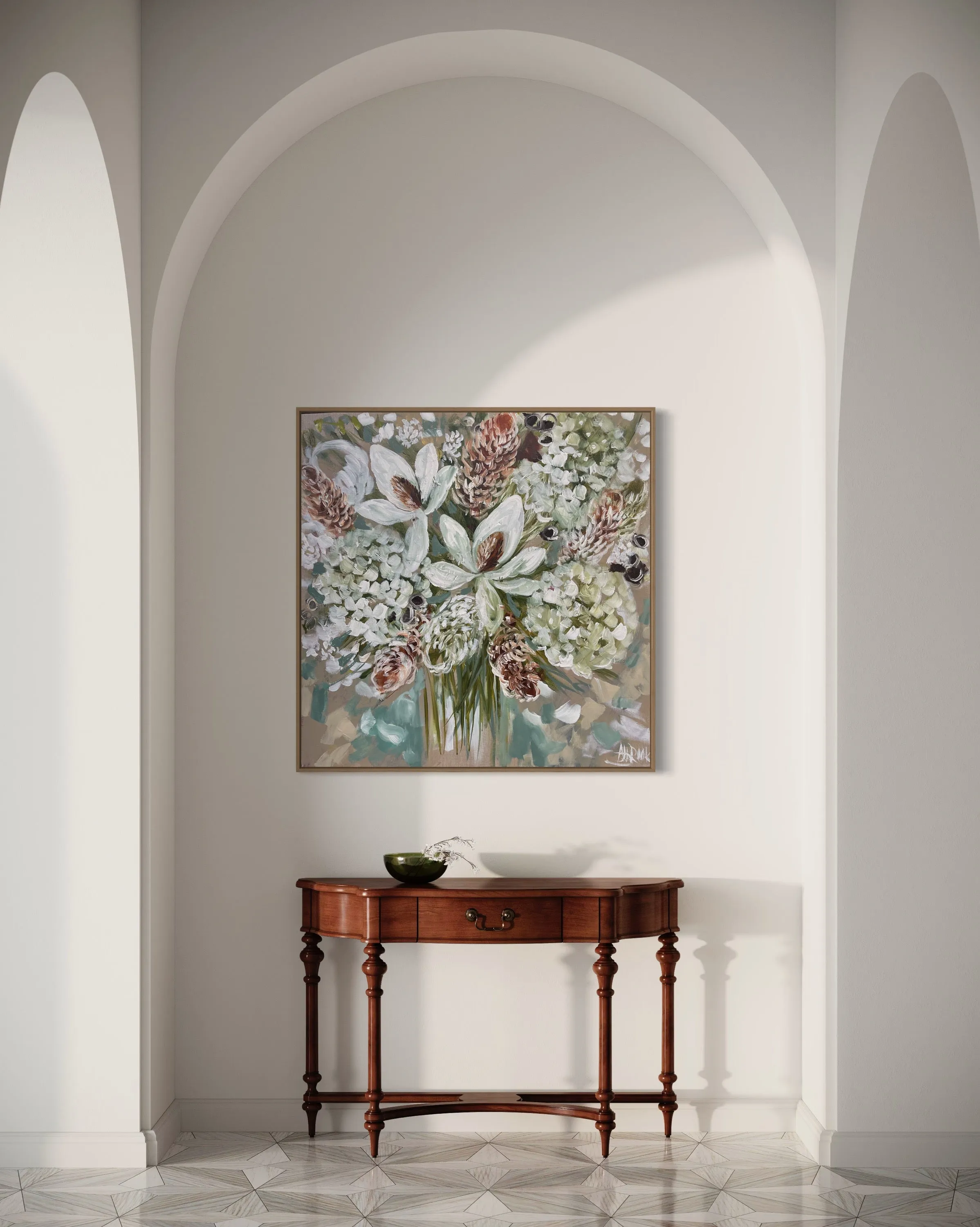 Delicate magnolia and bush blooms - 76x76cm -original on Belgian linen