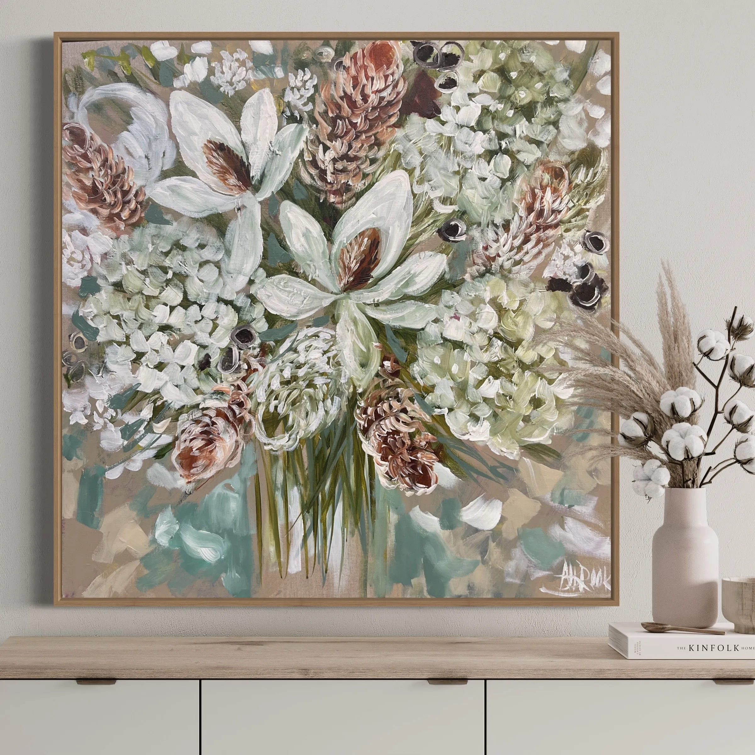 Delicate magnolia and bush blooms - 76x76cm -original on Belgian linen