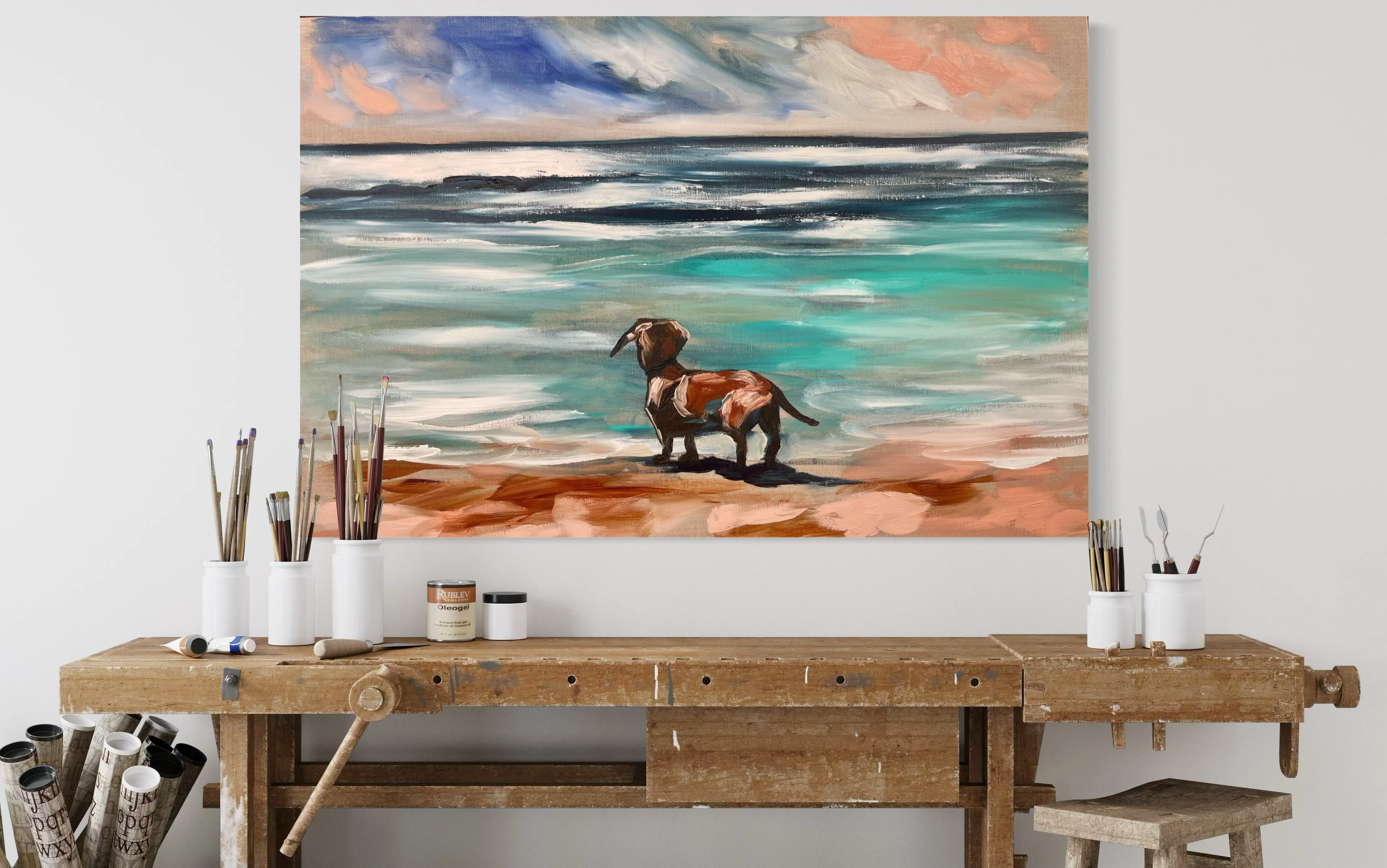 Dog beach day - 60x90cm - original on Belgian linen