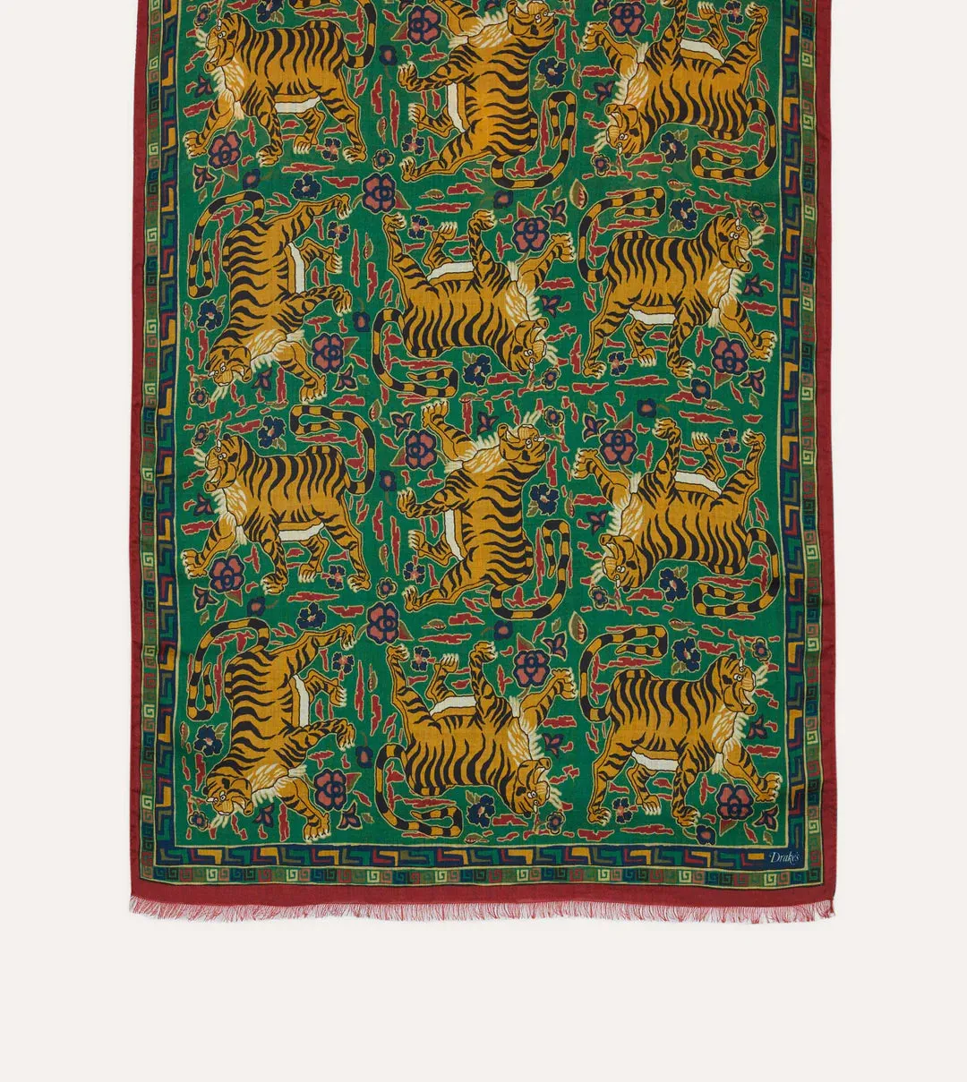 Drake's Wool & Silk Tiger Print Scarf / Green