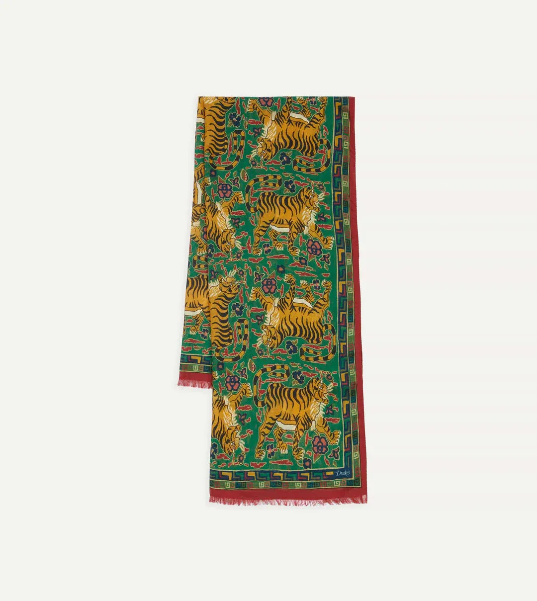 Drake's Wool & Silk Tiger Print Scarf / Green