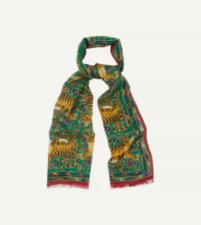 Drake's Wool & Silk Tiger Print Scarf / Green