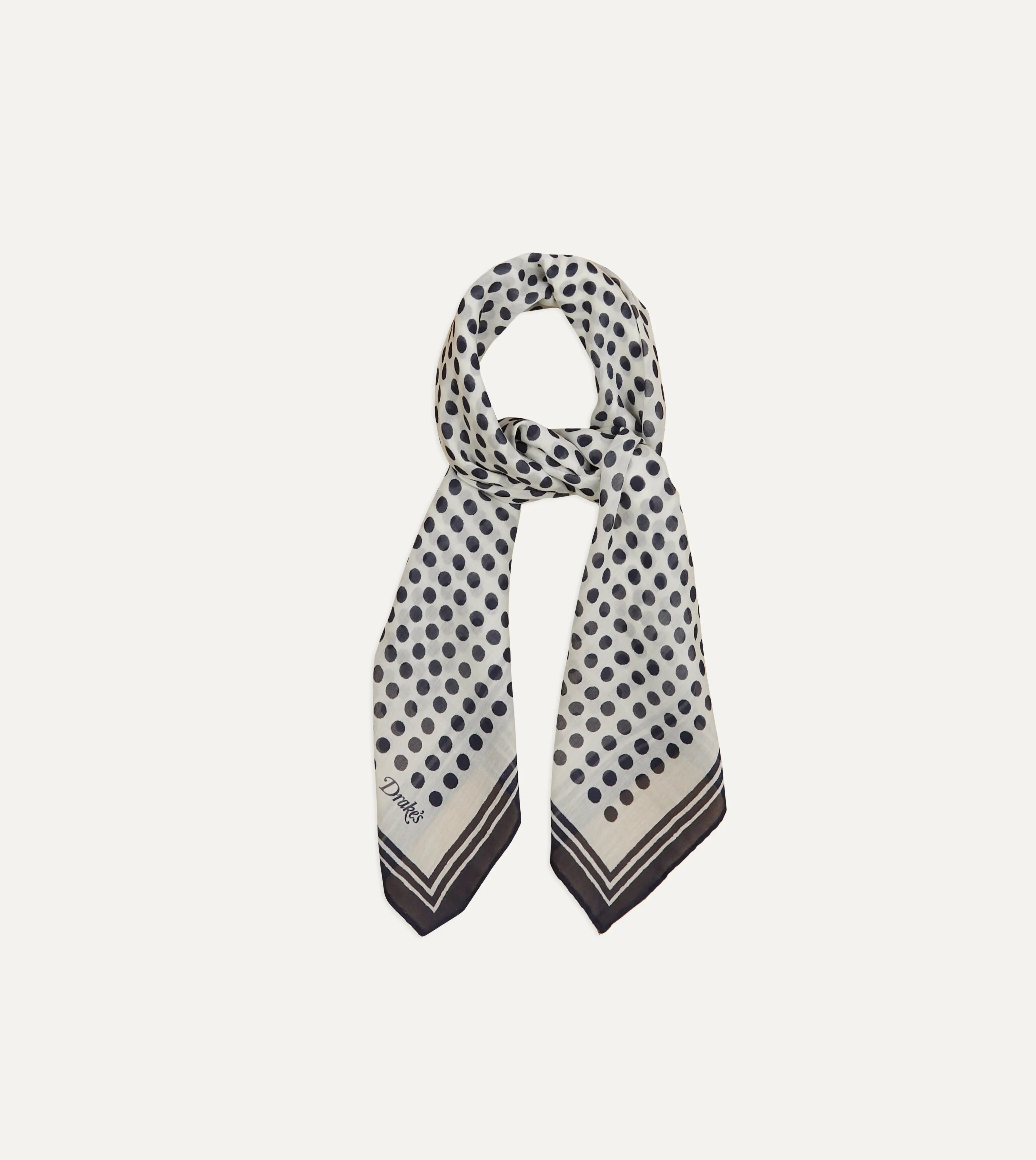 Ecru and Navy Spots Print Silk-Cotton Bandana