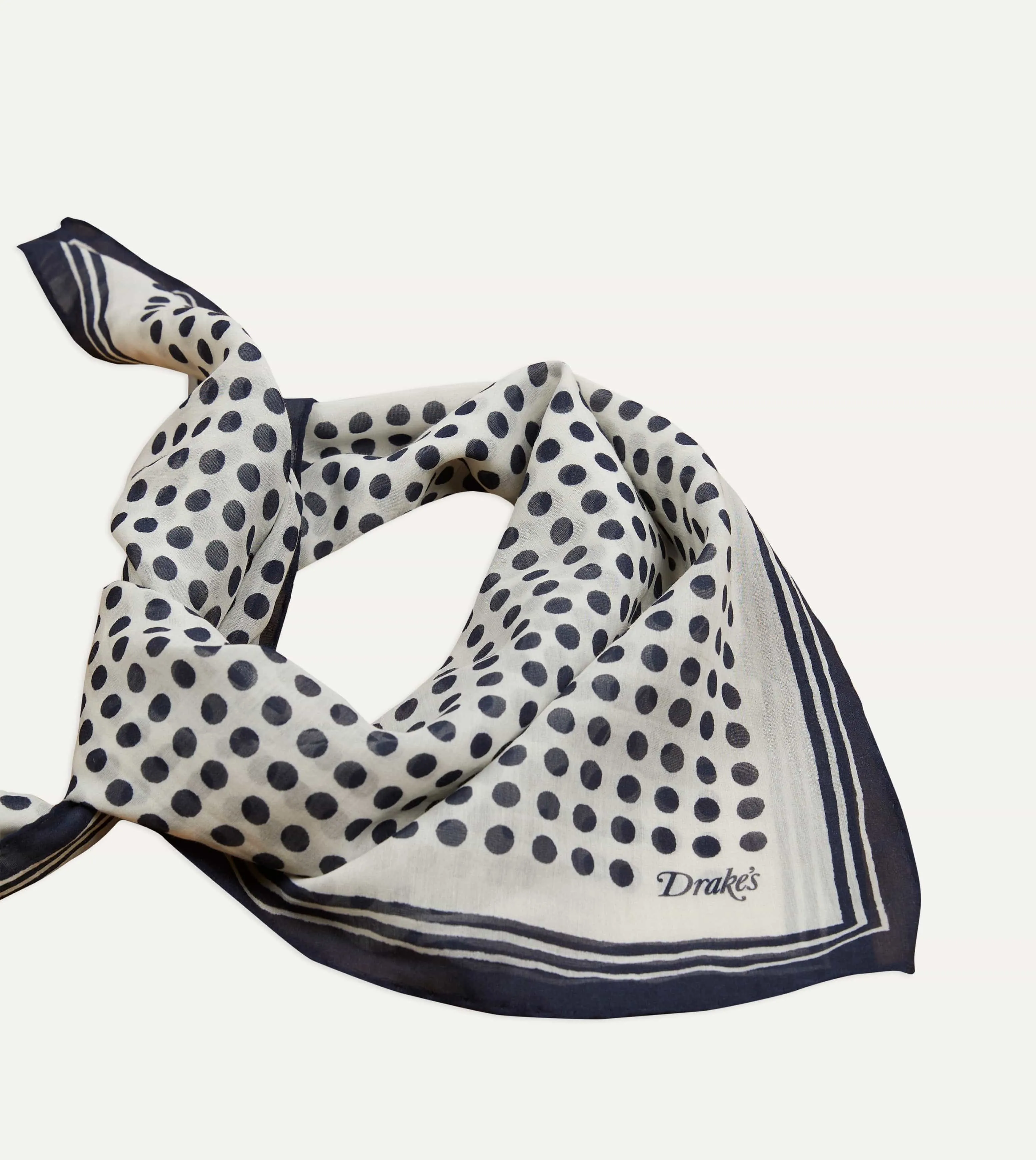 Ecru and Navy Spots Print Silk-Cotton Bandana