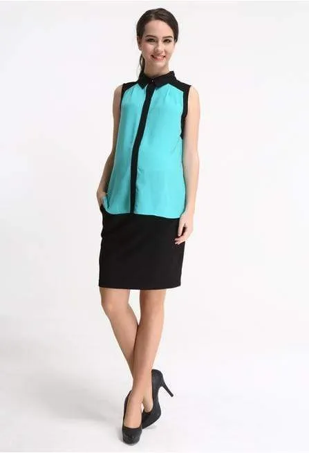 Ella Color Contrast Sleeveless Maternity Top Turquoise