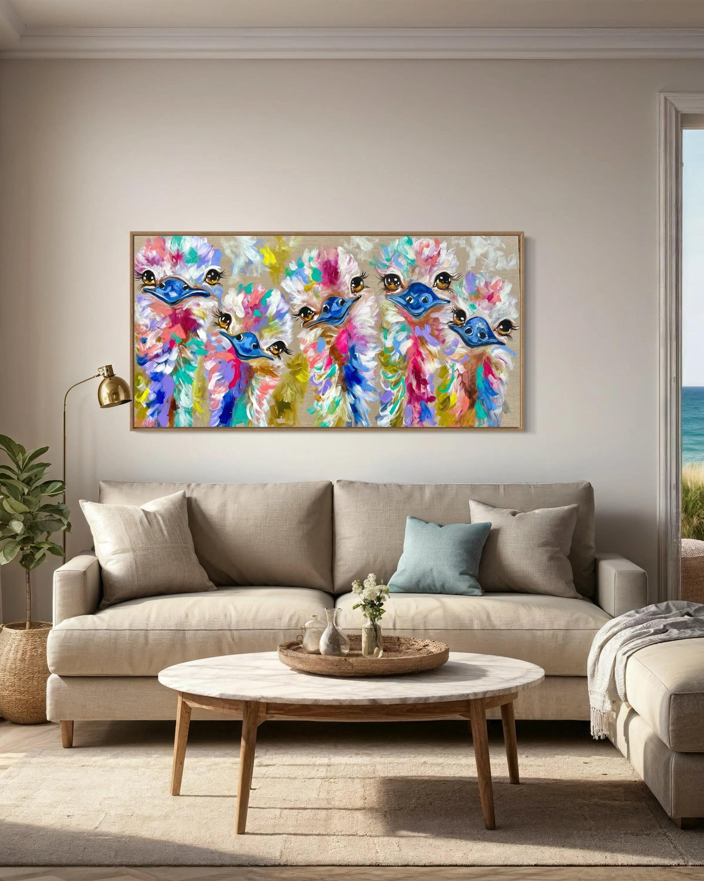 Family of five - Emus -Original on gallery canvas 75x150 cm