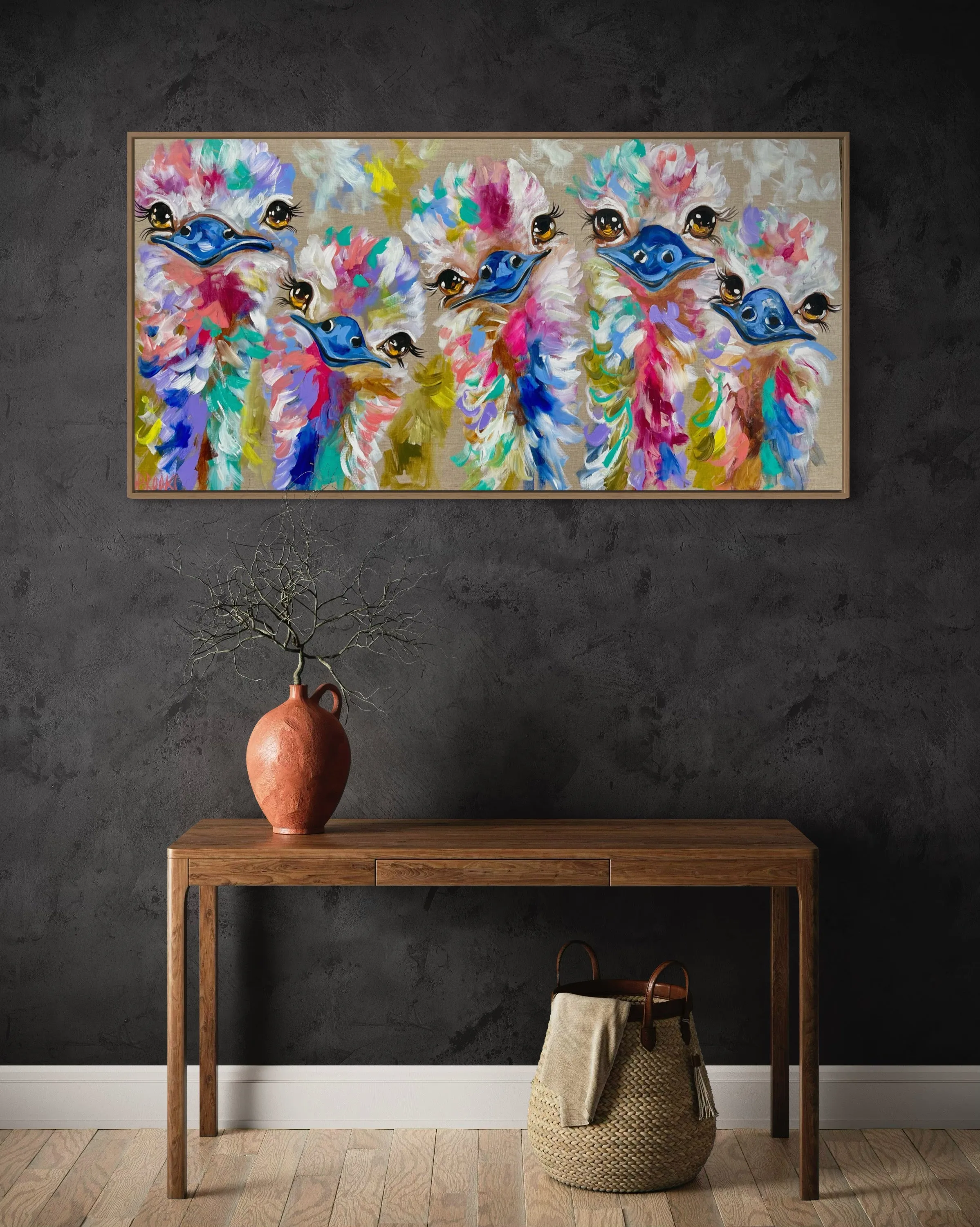 Family of five - Emus -Original on gallery canvas 75x150 cm