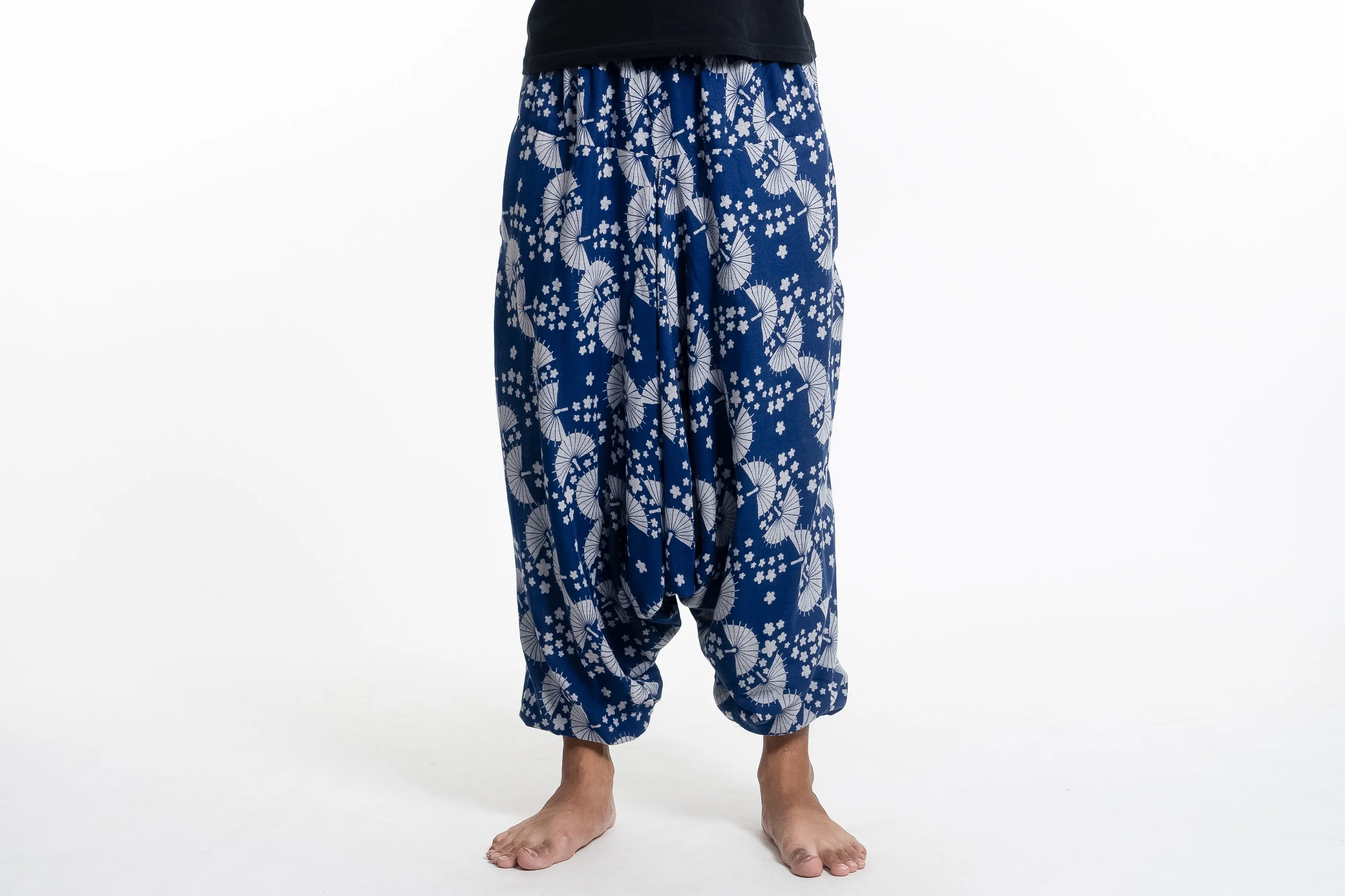 Fan Prints Men's Low Cut Cotton Harem Pants in Indigo