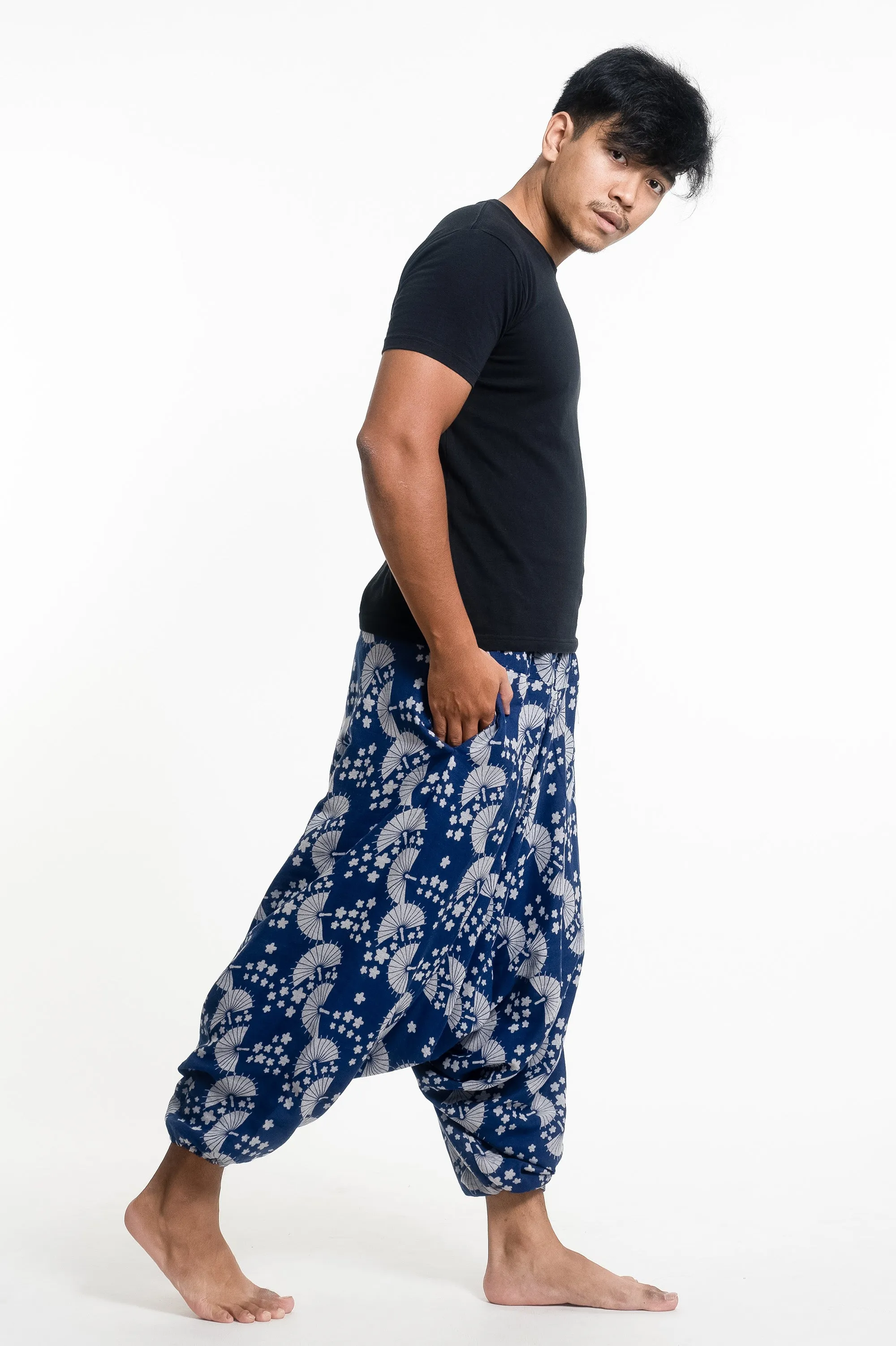 Fan Prints Men's Low Cut Cotton Harem Pants in Indigo