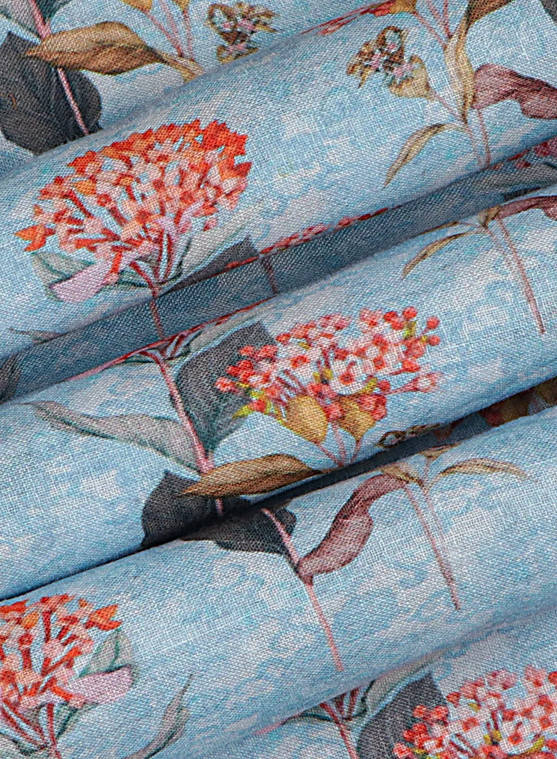 Floral printed Sky Blue and Orange Cotton Linen Blend Fabric