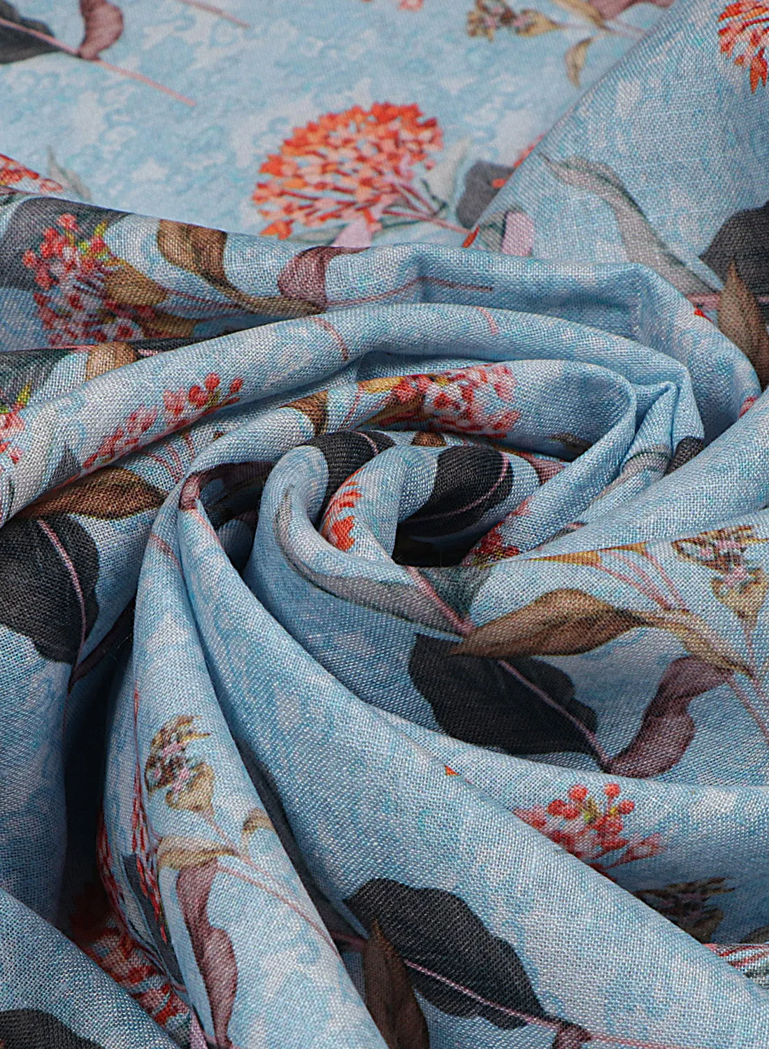 Floral printed Sky Blue and Orange Cotton Linen Blend Fabric