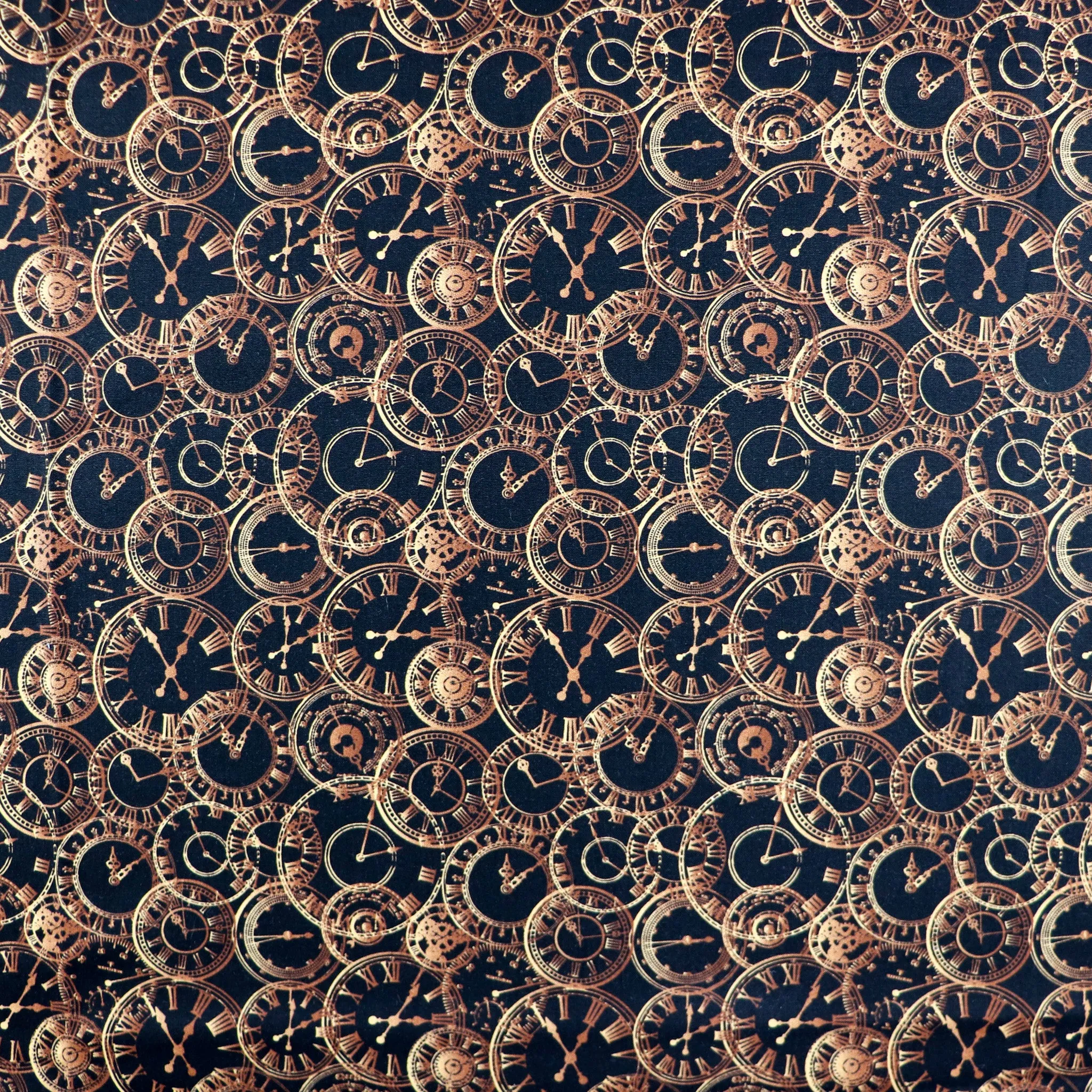 FS659 Steampunk Clocks Cotton Fabric Black