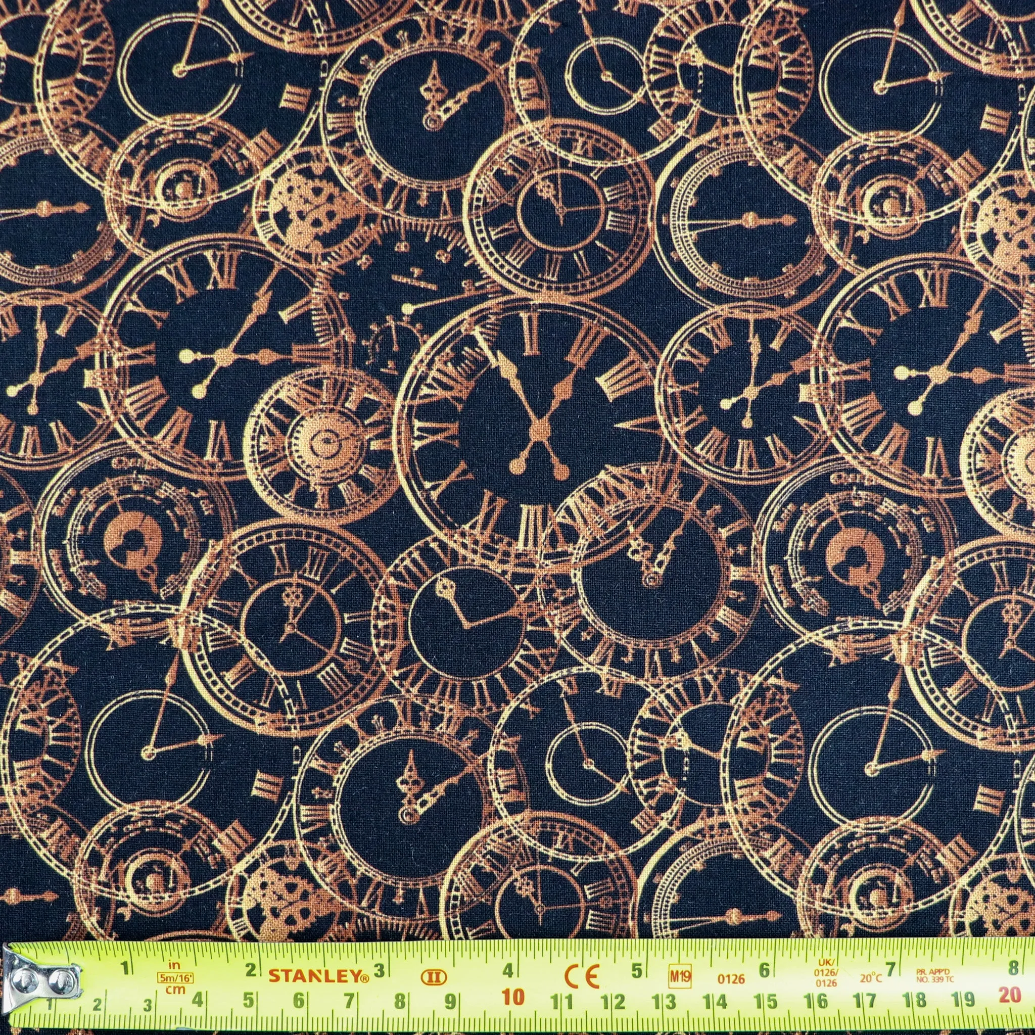 FS659 Steampunk Clocks Cotton Fabric Black