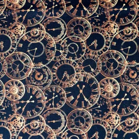 FS659 Steampunk Clocks Cotton Fabric Black