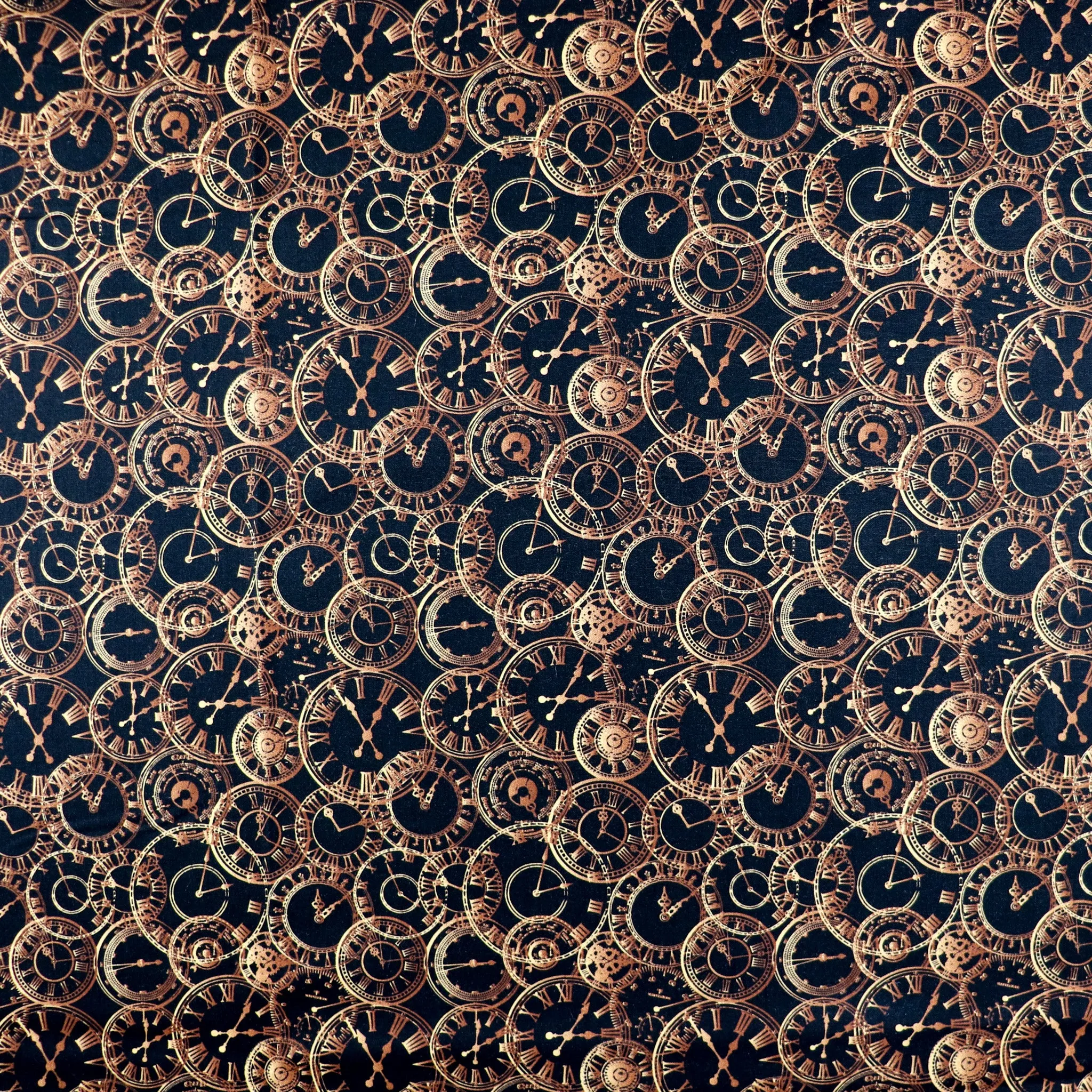 FS659 Steampunk Clocks Cotton Fabric Black