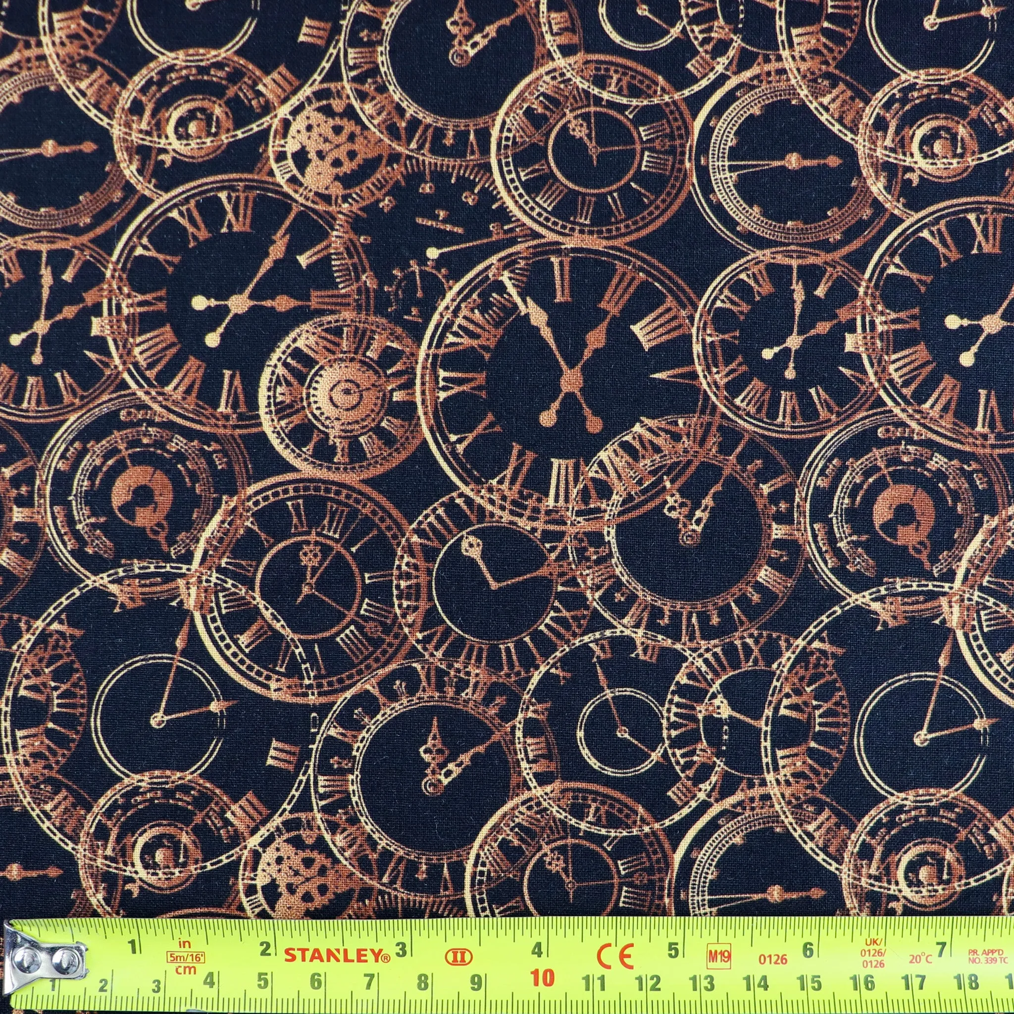 FS659 Steampunk Clocks Cotton Fabric Black