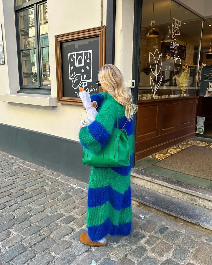 Furry Multi Stripes Chunky Knit Slouchy Long Cardigan Lantern Sleeve Coat