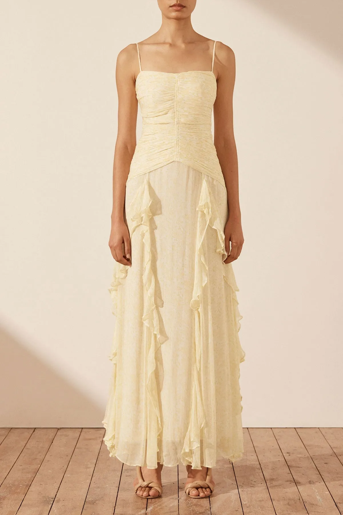 GINA RUCHED FRILL MAXI DRESS - LIMONCELLO