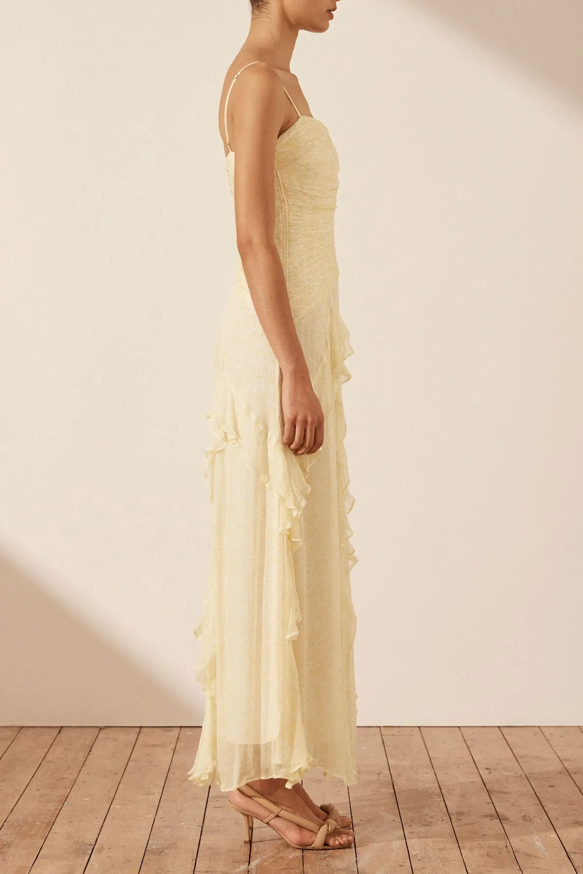 GINA RUCHED FRILL MAXI DRESS - LIMONCELLO