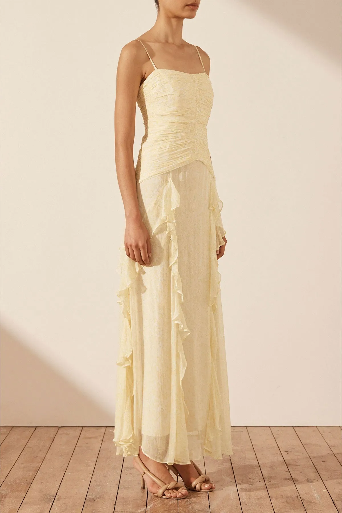 GINA RUCHED FRILL MAXI DRESS - LIMONCELLO