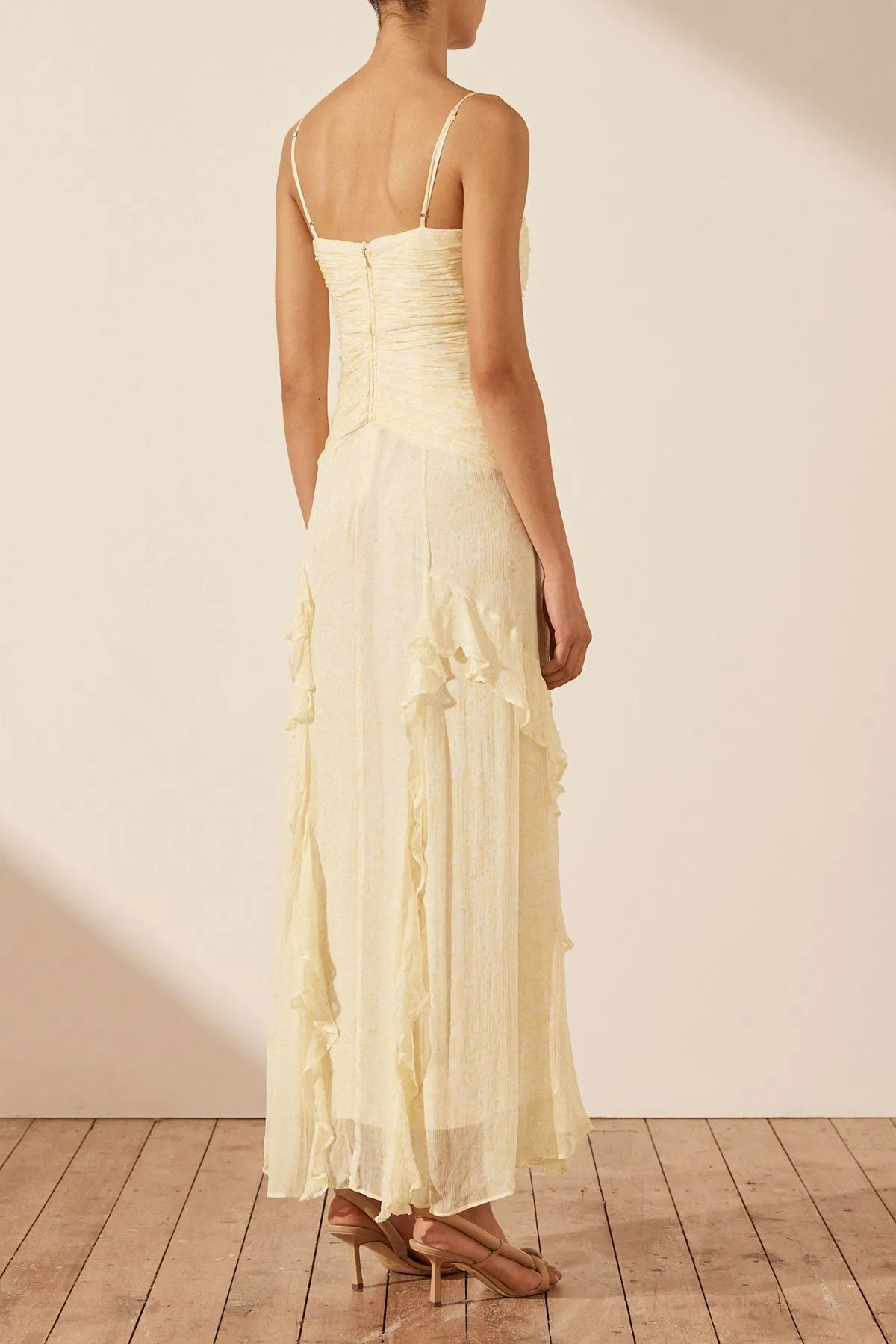 GINA RUCHED FRILL MAXI DRESS - LIMONCELLO