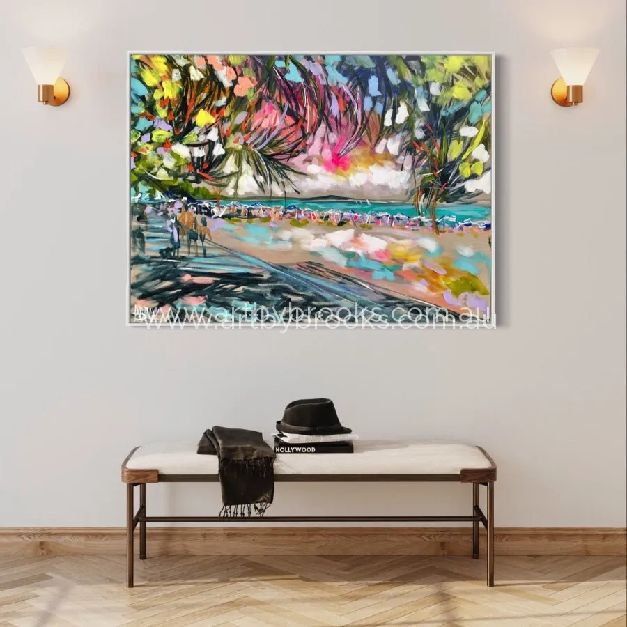 Happy Holidays - Noosa Main Beach  -Original on Belgian linen  90x120  Cm