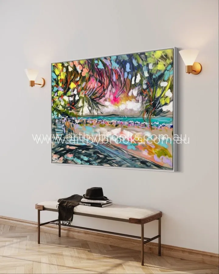 Happy Holidays - Noosa Main Beach  -Original on Belgian linen  90x120  Cm