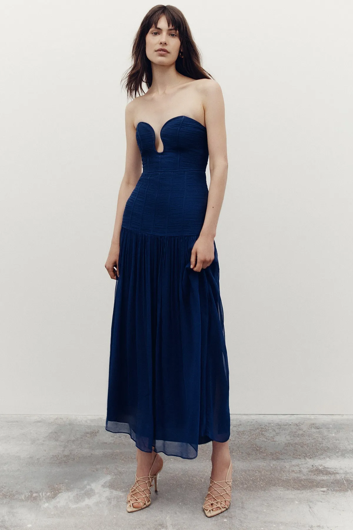 ISOLA STRAPLESS RUCHED MIDI DRESS - TYRRHENIAN BLUE