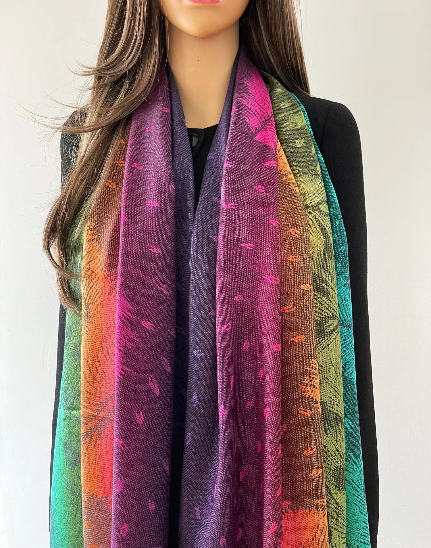 LARGE BLACK RAINBOW FEATHER AND LEAF PRINT PASHMINA SHAWL SCARF