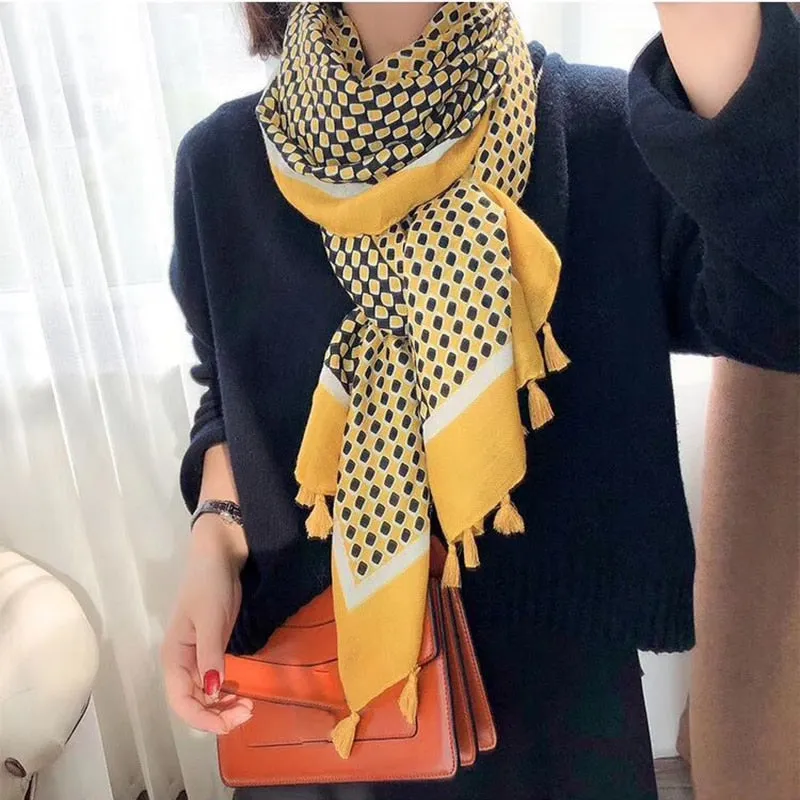 LARGE MUSTARD YELLOW DIAMOND PRINT SHAWL SCARF WITH TASSELS