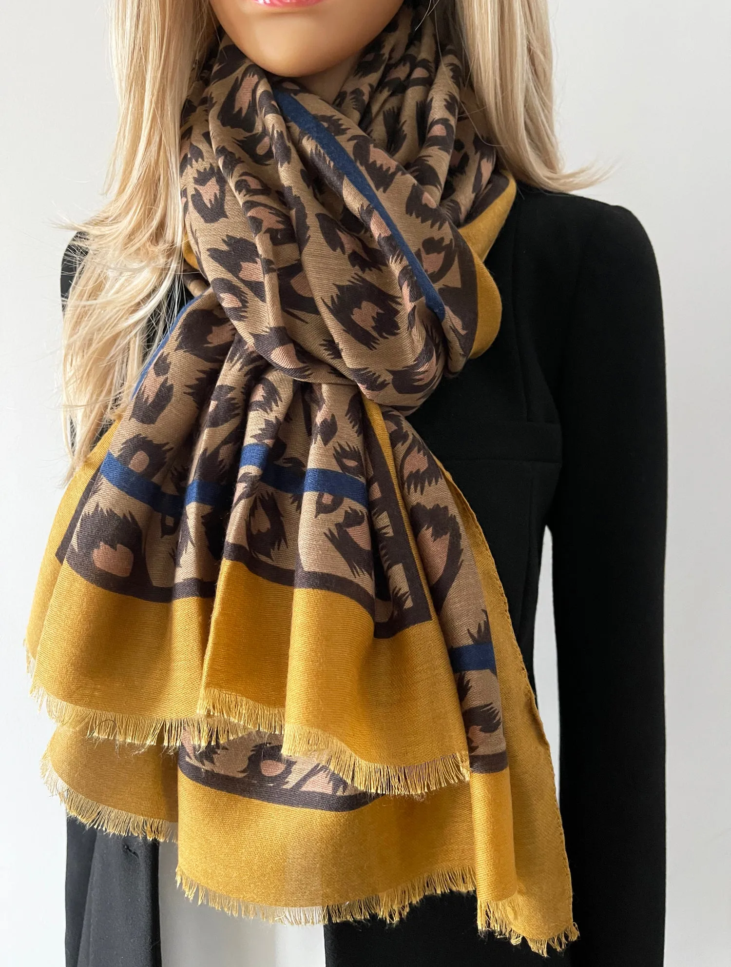 LARGE MUSTARD YELLOW STRIPE LEOPARD PRINT SCARF