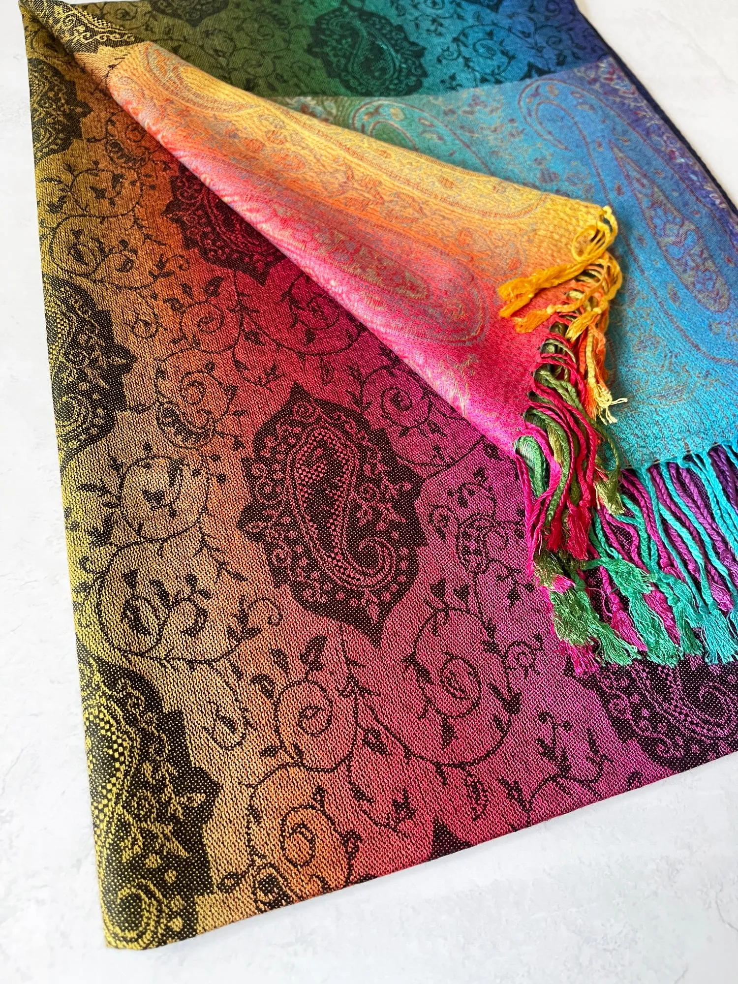 LARGE RAINBOW MULTI COLOUR BLACK PAISLEY PRINT PASHMINA SHAWL SCARF