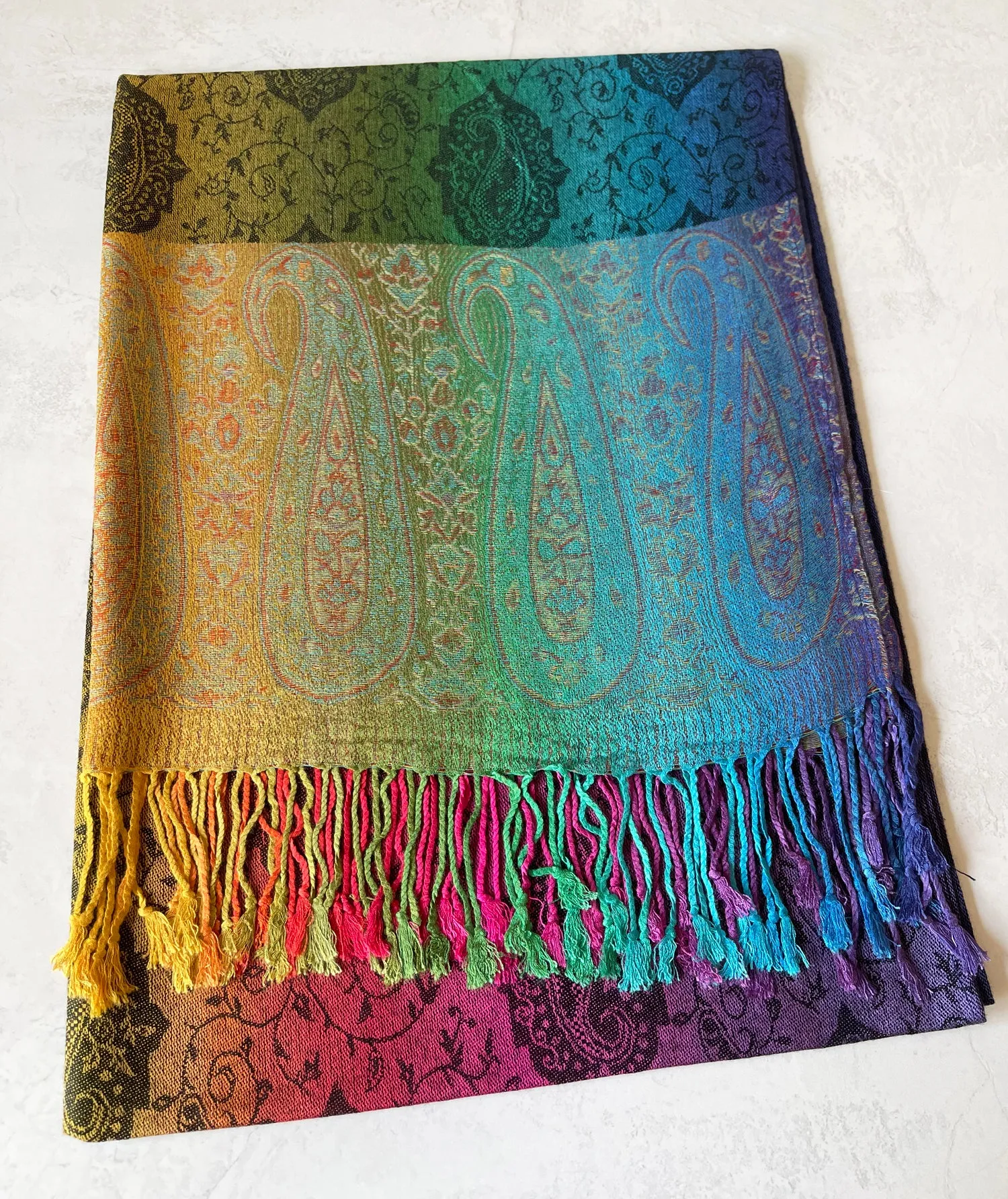 LARGE RAINBOW MULTI COLOUR BLACK PAISLEY PRINT PASHMINA SHAWL SCARF