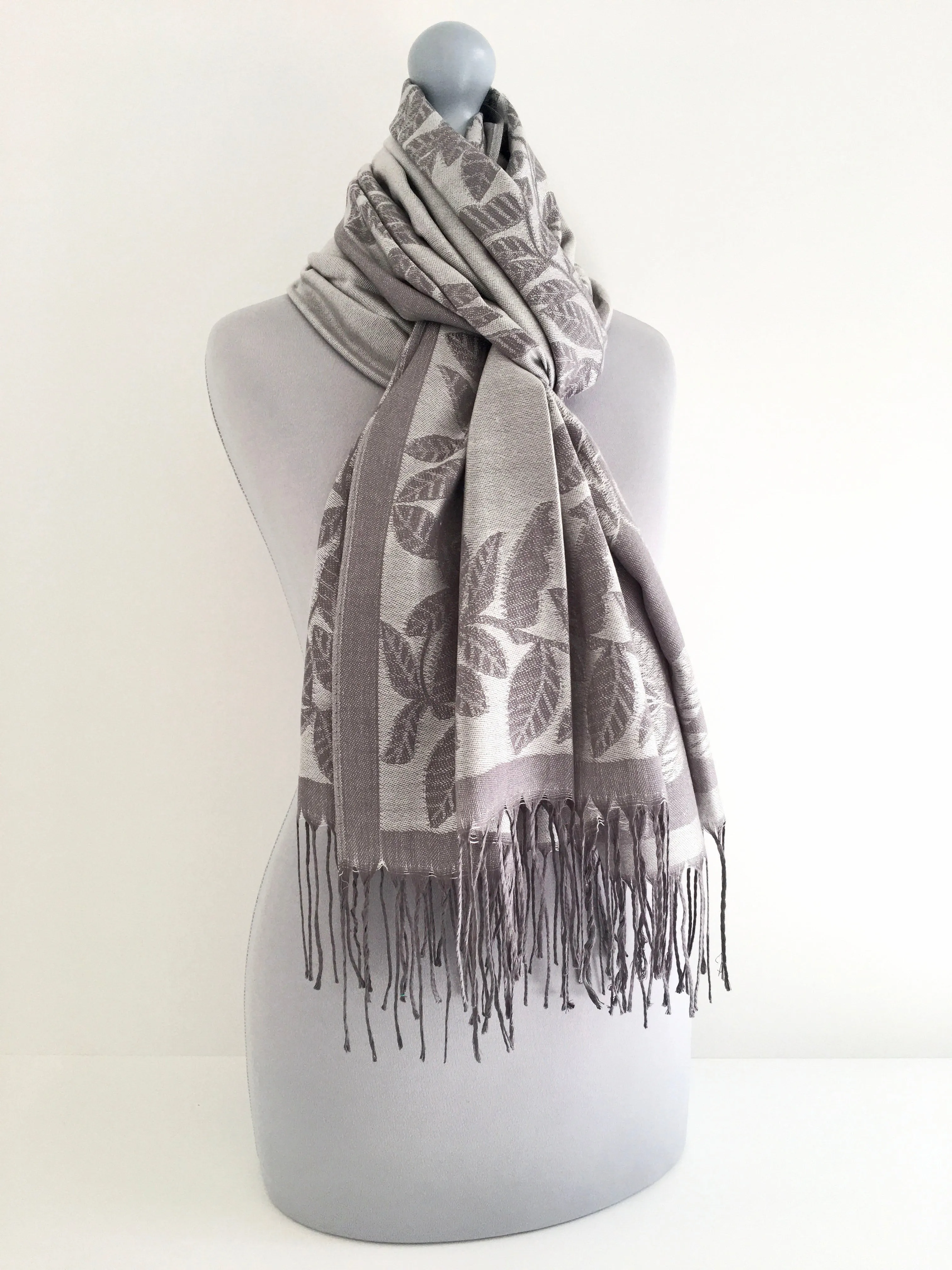 LARGE SILVER GREY LEAF PRINT REVERSIBLE PASHMINA SHAWL SCARF